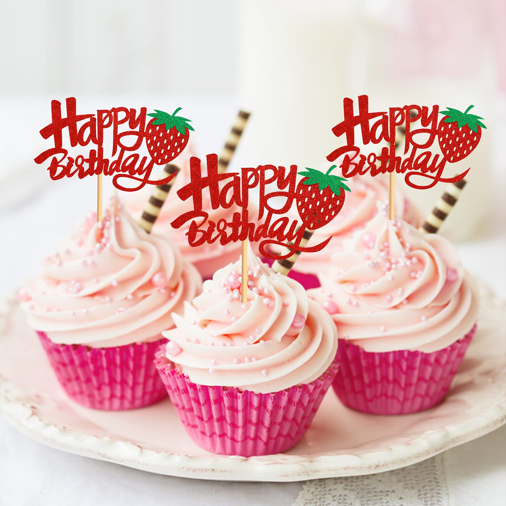 36 Pack Red Strawberry Happy Birthday Cupcake Toppers - Fun Party Decorations for Girls & Boys Birthday Celebrations - Perfect for Cupcakes, Cakes, and Dessert Table Decor