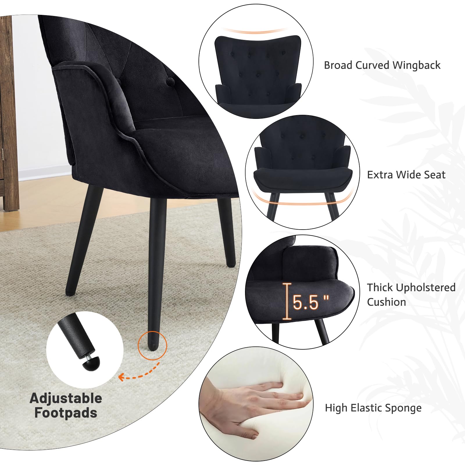 Furniliving Velvet Accent Chair - Modern Upholstered Side Armchair with Tapered Legs & Tufted Button Wingback Design - Tall Back Reading Chair for Living Room, Bedroom, Office Waiting Area - Perfect for Relaxing, Reading & Home Decor - Black