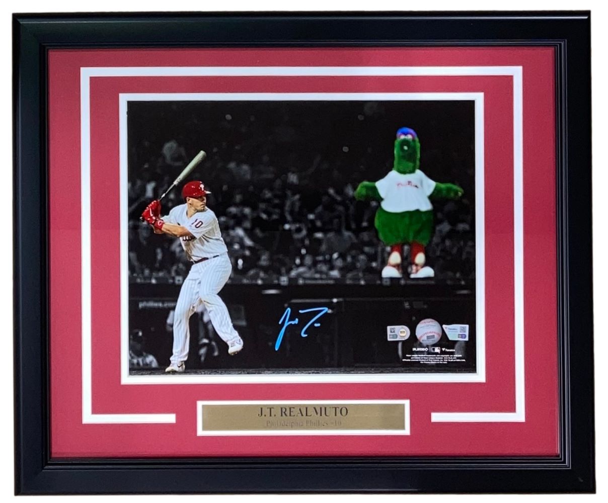 JT Realmuto Autographed Framed 11x14 Philadelphia Phillies Baseball Photo with Phillie Phanatic - Perfect for Sports Memorabilia Collections, Man Cave Decor, and Phillies Fan Gifts