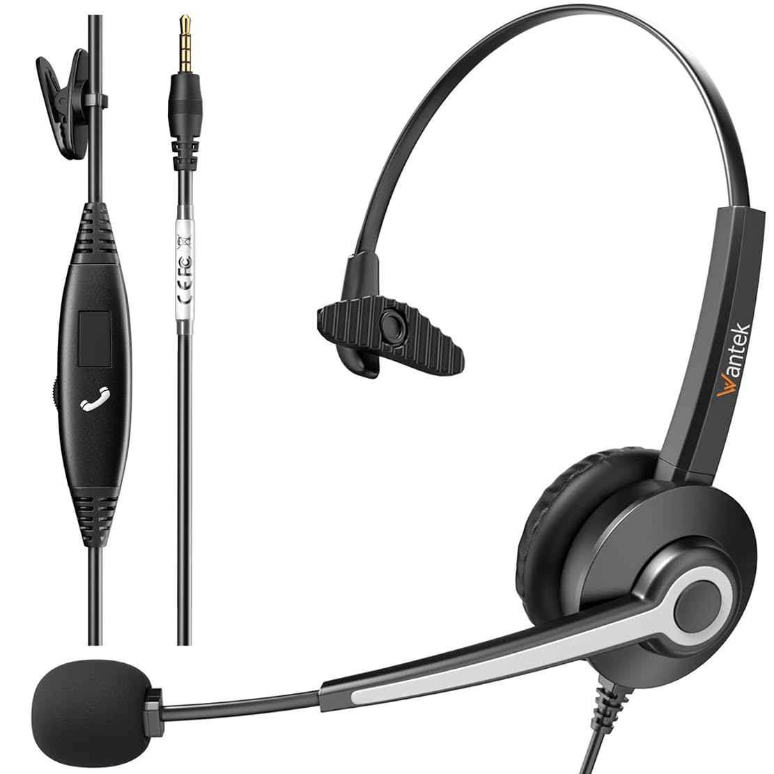 Wantek Wired Gaming Headset with Noise-Cancelling Microphone - 3.5mm PC Headphones with In-Line Volume Control for Laptop, Computer, Office & Home Use - Perfect for Online Meetings, Gaming & Remote Work