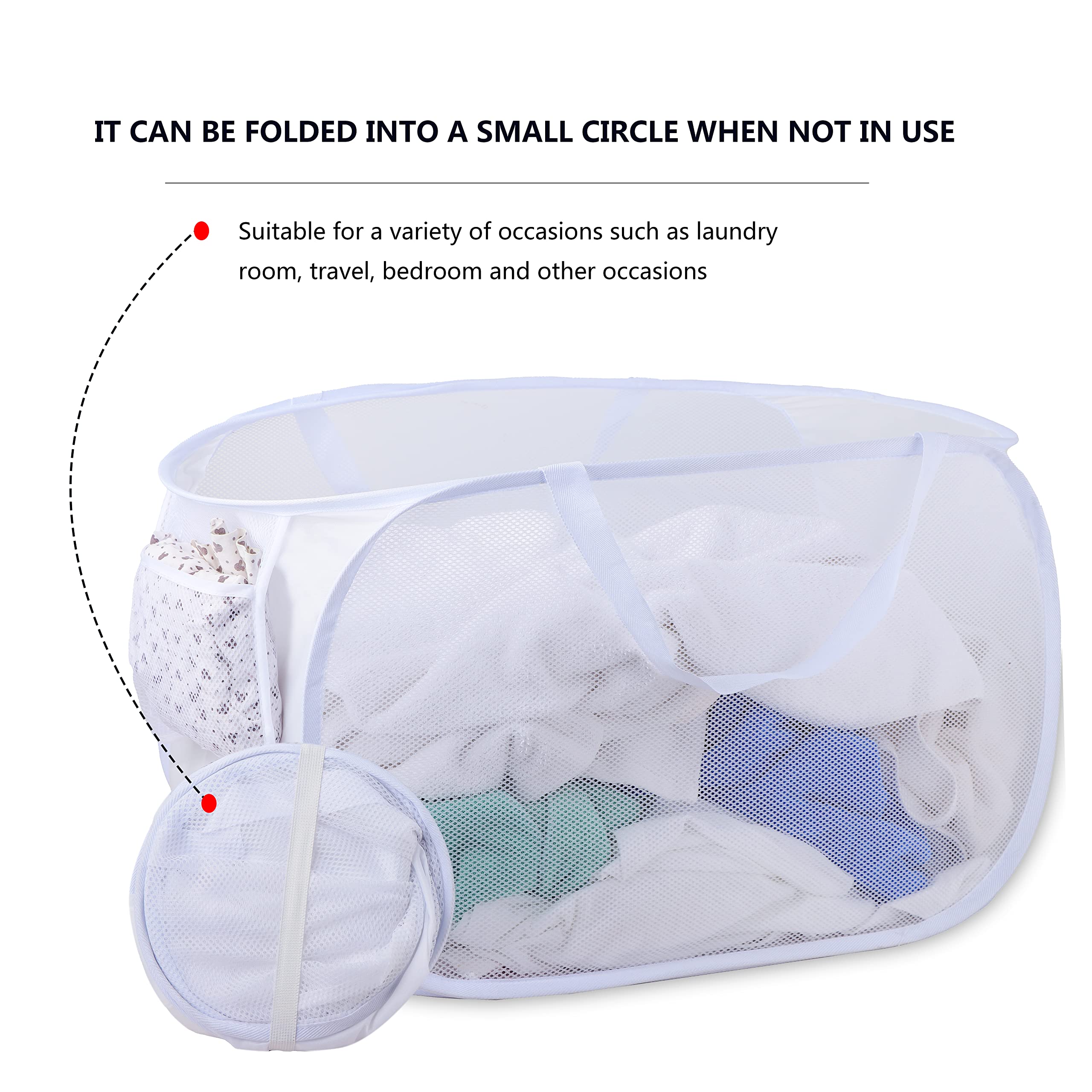 Collapsible Laundry Baskets - Foldable Mesh Pop Up Laundry Hamper with 2 Reinforced Handles (Set of 2, White) - Perfect for Small Spaces, Dorm Rooms, and Travel Storage