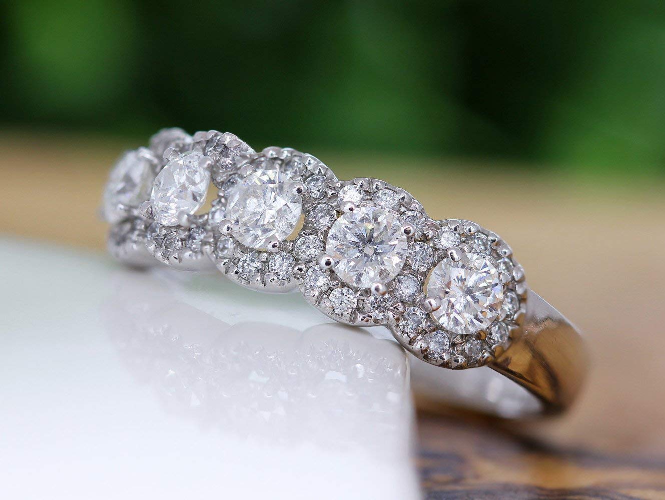 5 Stone Halo Diamond Ring - 14K Gold Anniversary & Wedding Band, Half Eternity Ring for Women - Perfect for Engagement, Proposal, Anniversary Gifts & Special Occasions