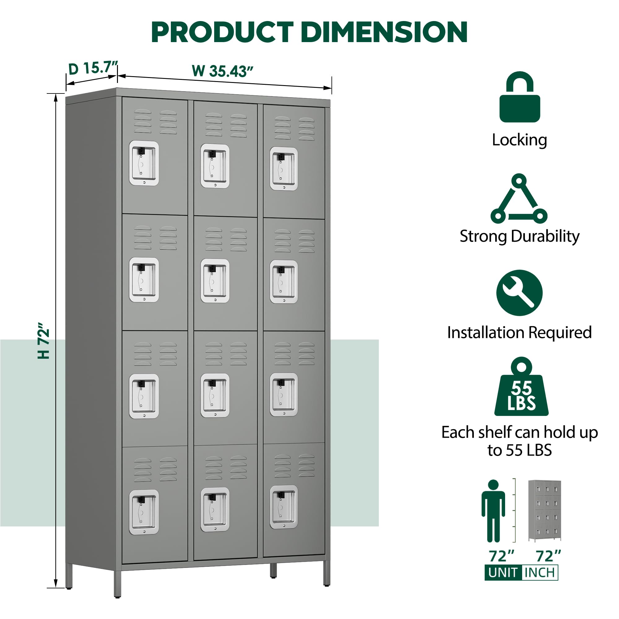 12-Door Metal Locker Organizer - Heavy Duty Steel Storage Cabinet for School, Gym, Office, Home & Garage (Light Grey, Assembly Required) - Perfect for Employee Storage, Sports Equipment & Home Organization