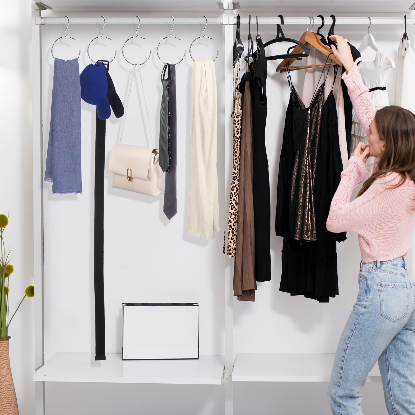 4 Pack Rotatable Belt Hangers for Closet - Space Saving Belt & Tie Organizer with 360° Swivel Hooks for Belts, Ties, Scarves, Baseball Caps - Silver Wardrobe Accessory Storage (Perfect for Closet, Bedroom & Dorm Organization)