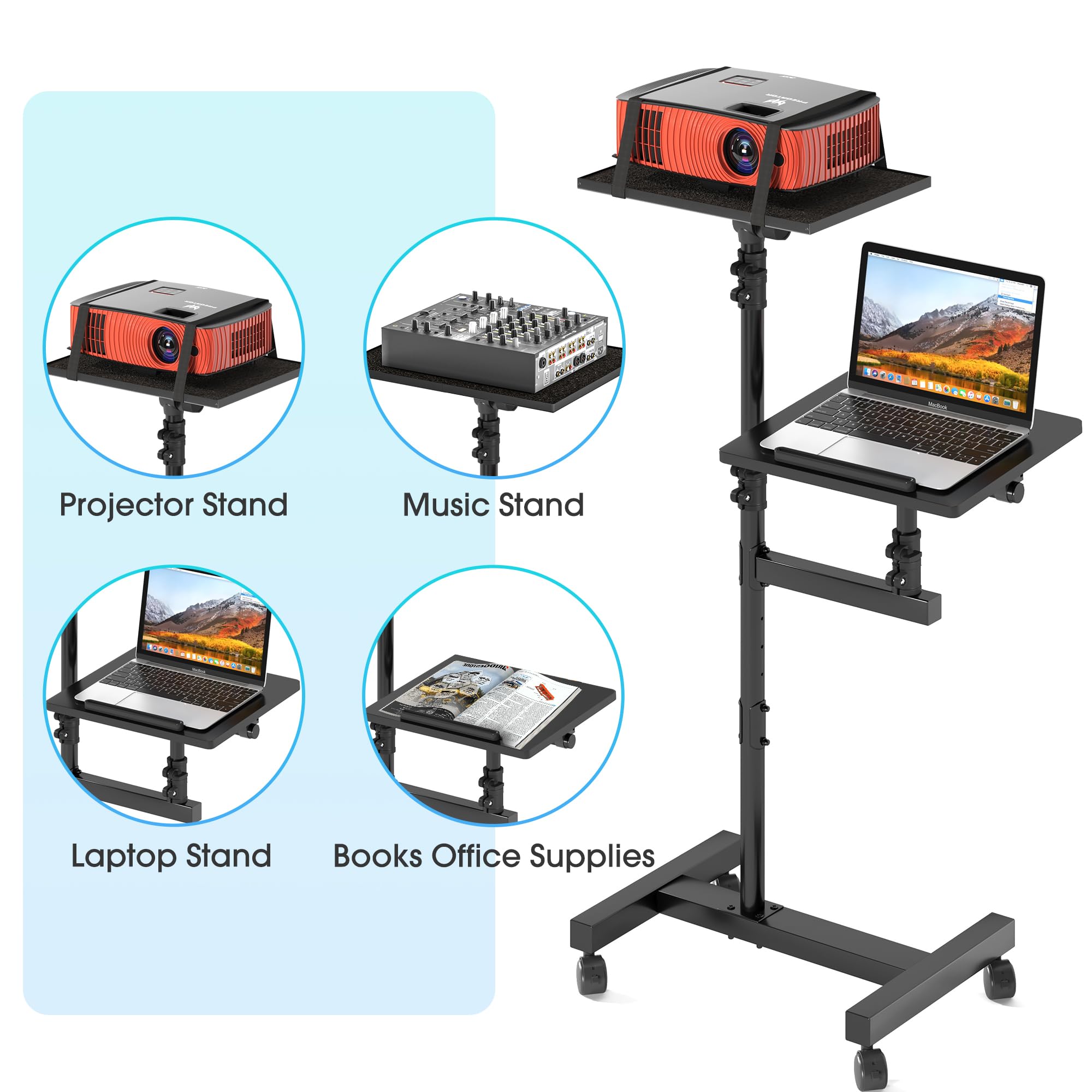 Adjustable Height Projector Stand Tripod with 2 Shelves - Mobile Rolling Desk Cart on Wheels (45