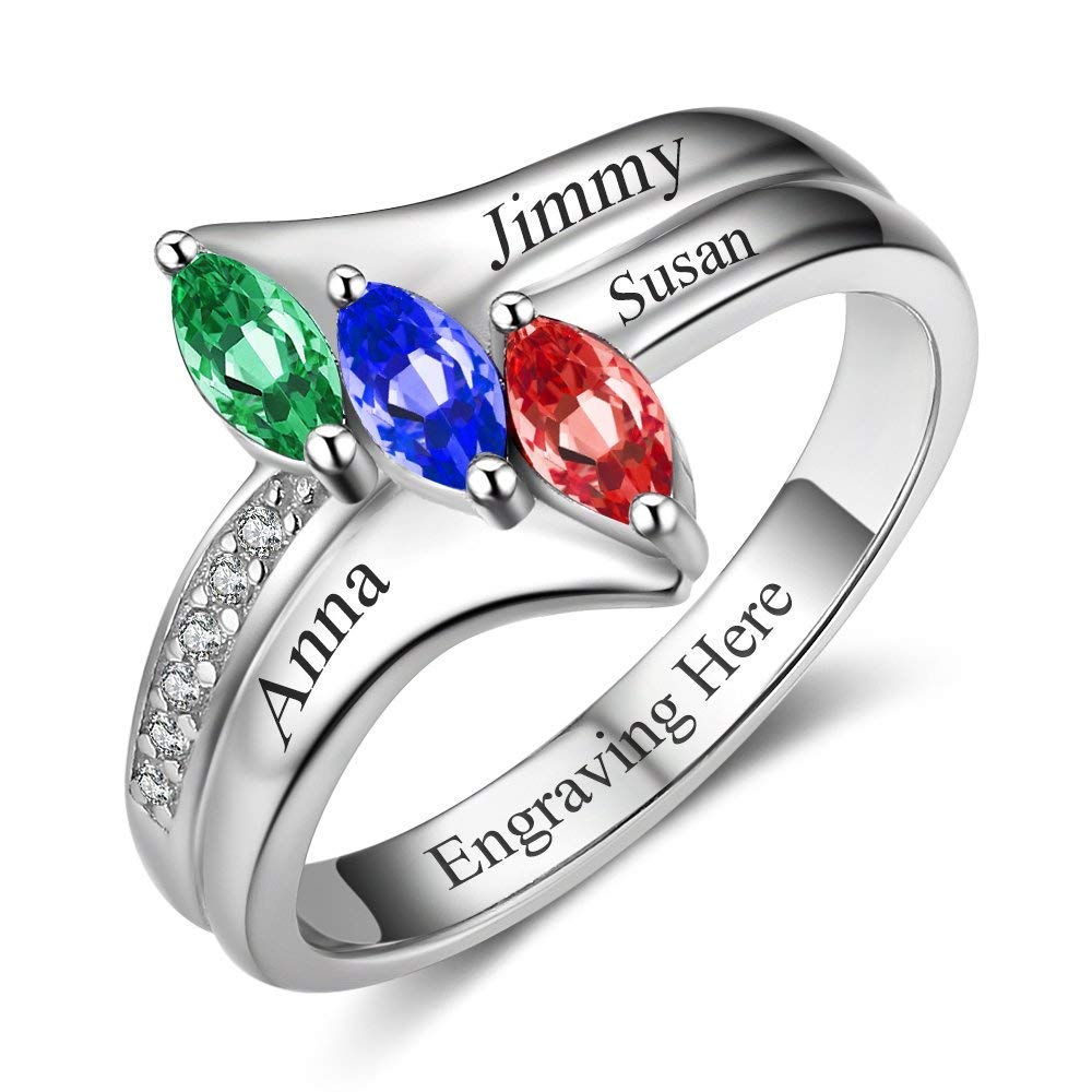 Custom Engraved Mother's Ring with 3 Simulated Birthstones - Personalized Family Promise Jewelry for Women - Name Engraved Gift for Mom, Wife, Daughter - Perfect for Mother's Day, Anniversary & Special Occasions