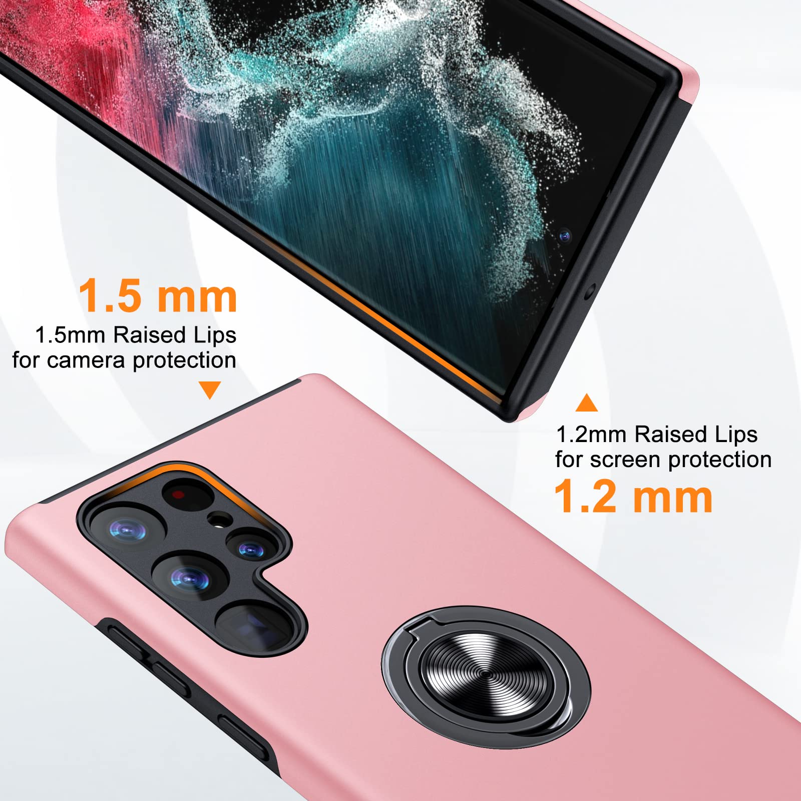Slim Soft Protective Case for Samsung Galaxy S22 Ultra with Invisible Ring Holder & Kickstand - Pink | Shockproof Bumper Cover for Daily Use, Work & Travel