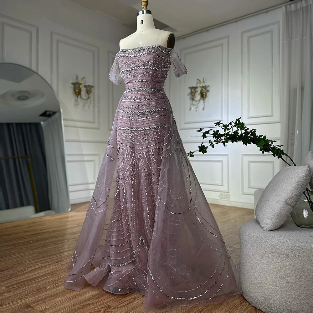 Elegant Dubai Arabic Pink Mermaid Beaded Evening Gown with Detachable Satin Overskirt - Formal Dress for Weddings, Galas & Special Occasions LA72781