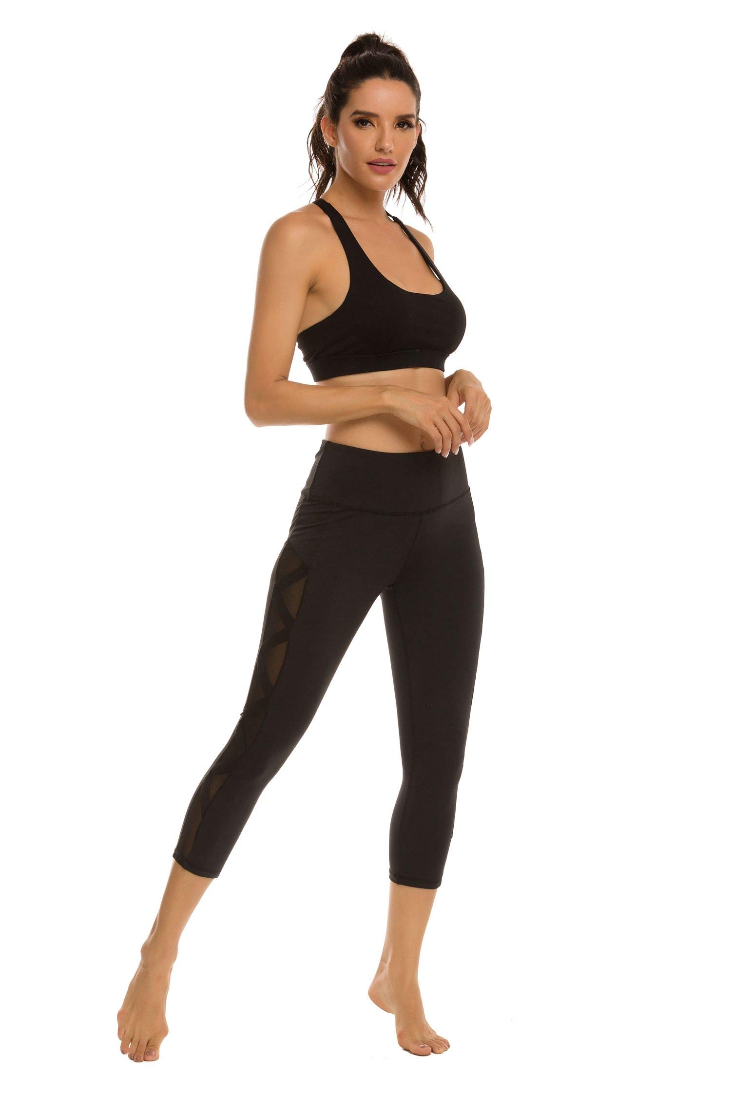 Romansong Women's High Waisted Yoga Pants with Pockets - 4-Way Stretch Tummy Control Capri Leggings | Non See-Through Mesh Workout Pants for Running, Gym & Lounge Wear