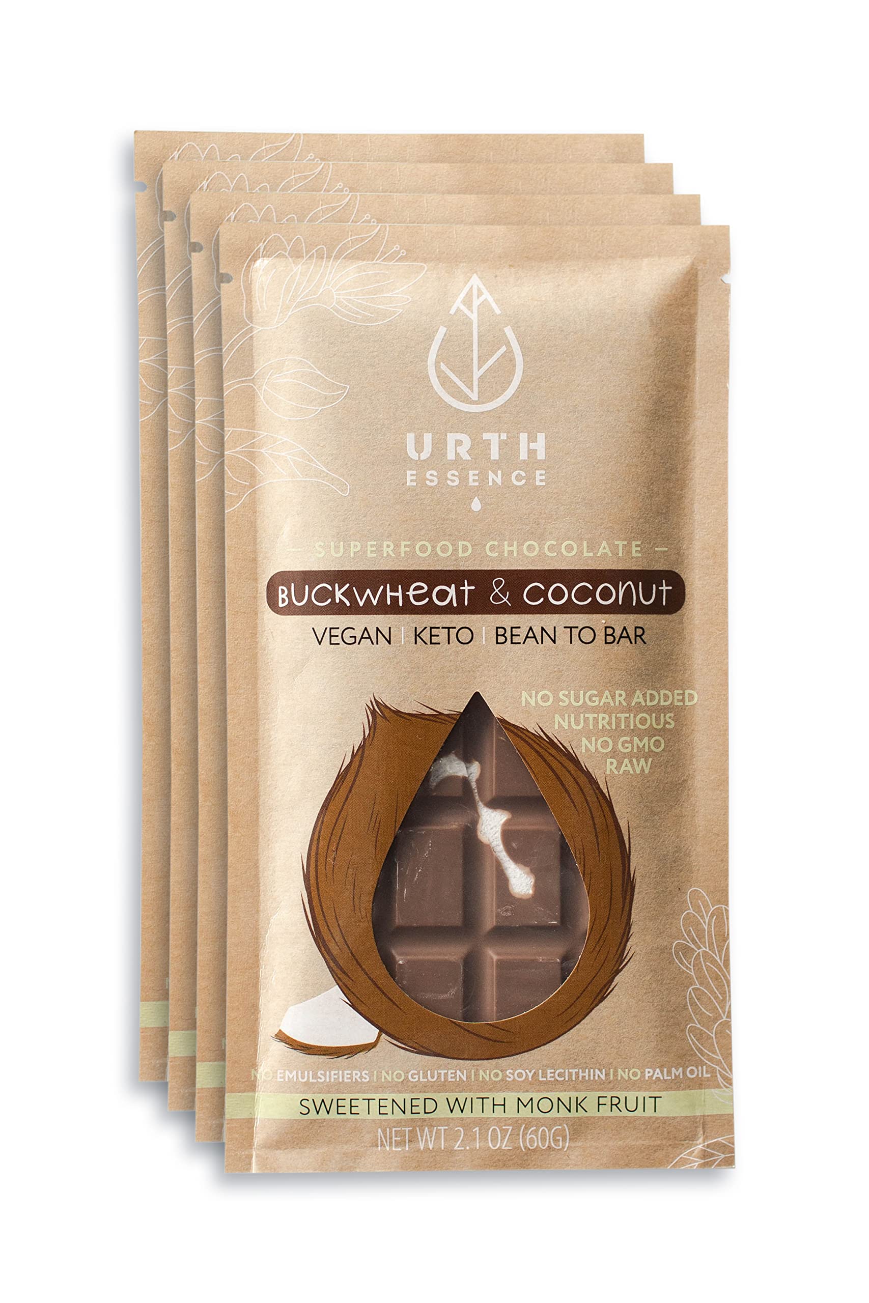 Organic Vegan Chocolate Bars - Sugar Free, Keto Friendly, Dairy Free & Gluten Free Healthy Snacks | Urth Essence Keto Chocolate with Coconut Buckwheat | Perfect for Vegan Gifts, Low-Carb Diet & Healthy Lifestyle
