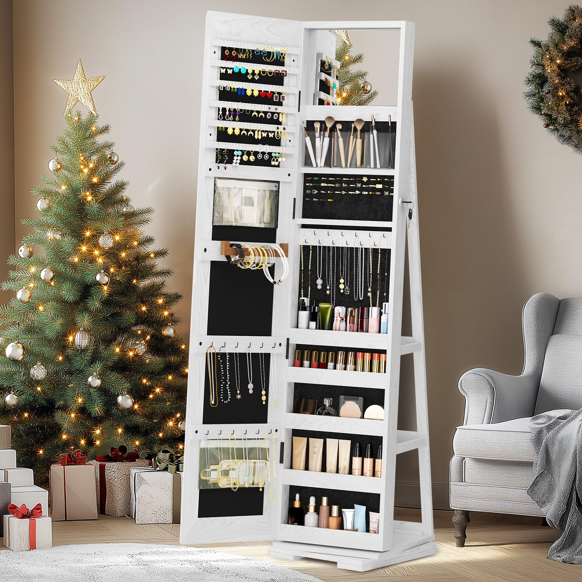 360° Swivel Jewelry Cabinet with Full-Length Mirror - Wooden Jewelry Storage Organizer & Makeup Armoire with Lock - Perfect for Bedroom, Dressing Room & Closet Organization