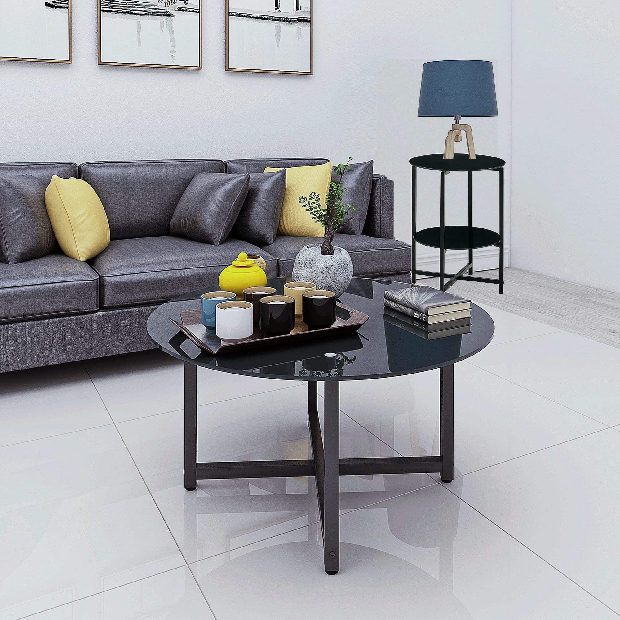 Modern Round Glass Coffee Table with Black Tempered Glass Top & Metal Legs - Stylish Center Table for Living Room, Office & Lounge Areas - Perfect for Home Decor, Entertaining Guests & Workspace Accent