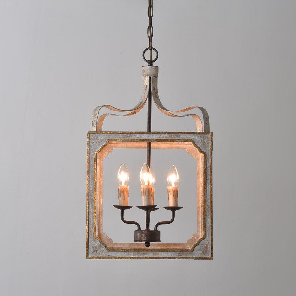 Boho Rustic Cube Chandelier - Modern Farmhouse Pendant Light with Wooden Beads & Metal Frame for Dining Room, Bedroom, or Living Room Decor