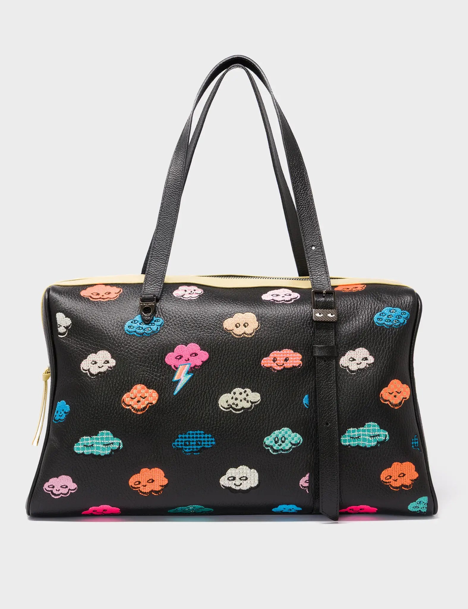 Esther Large Black Duffle Bag with Happy Clouds Design - Spacious Travel Duffel for Gym, Weekend Trips & Outdoor Adventures