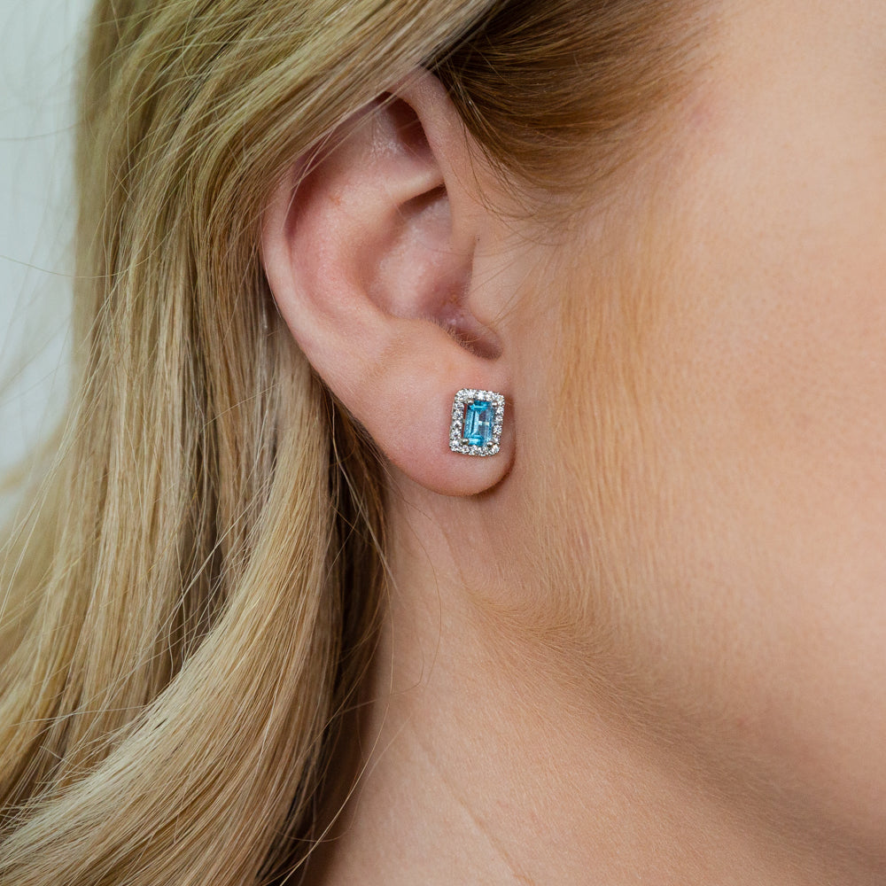 9ct White Gold Blue Topaz & Zirconia Emerald Cut Stud Earrings - Elegant Jewelry for Women, Perfect for Weddings, Parties & Special Occasions