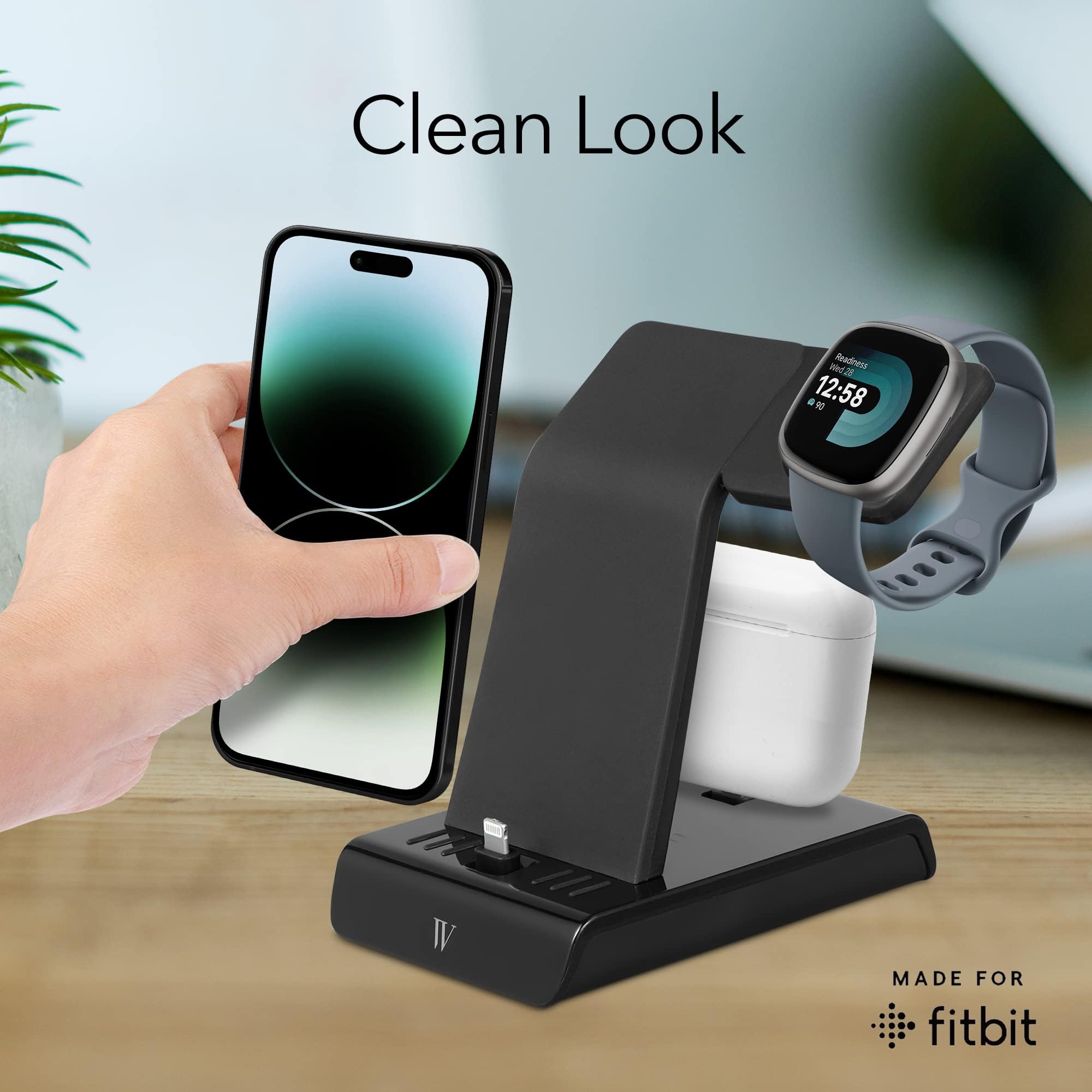 Wasserstein 3-in-1 Wireless Charging Station for iPhone, AirPods & Fitbit | Multi-Device Charger Stand for Apple Products | Fast Qi-Certified Charging Pad | Not Compatible with Pixel Watch | Perfect for Home, Office & Nightstand (Black)