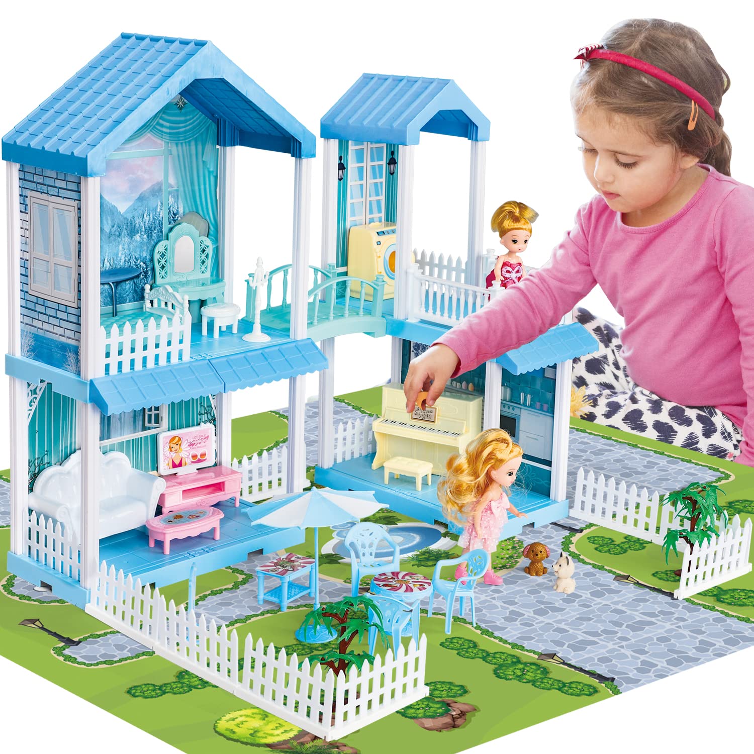 Blue Princess Doll House for Girls Ages 3-5 - Two Story Dream House with Furniture & Accessories | Pretend Play Toy for Kids, Birthday Gift & Room Decor