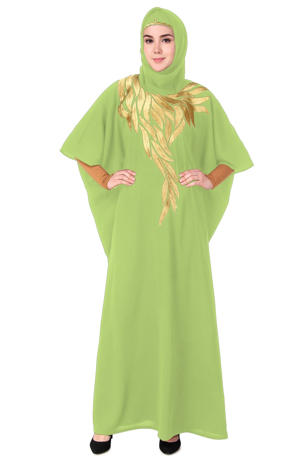 Handmade Gold Embroidered Multi-Leaf Design Kaftan Dress - Elegant Boho Chic Loungewear for Women, Perfect for Beach Cover-ups, Resort Wear & Summer Evenings