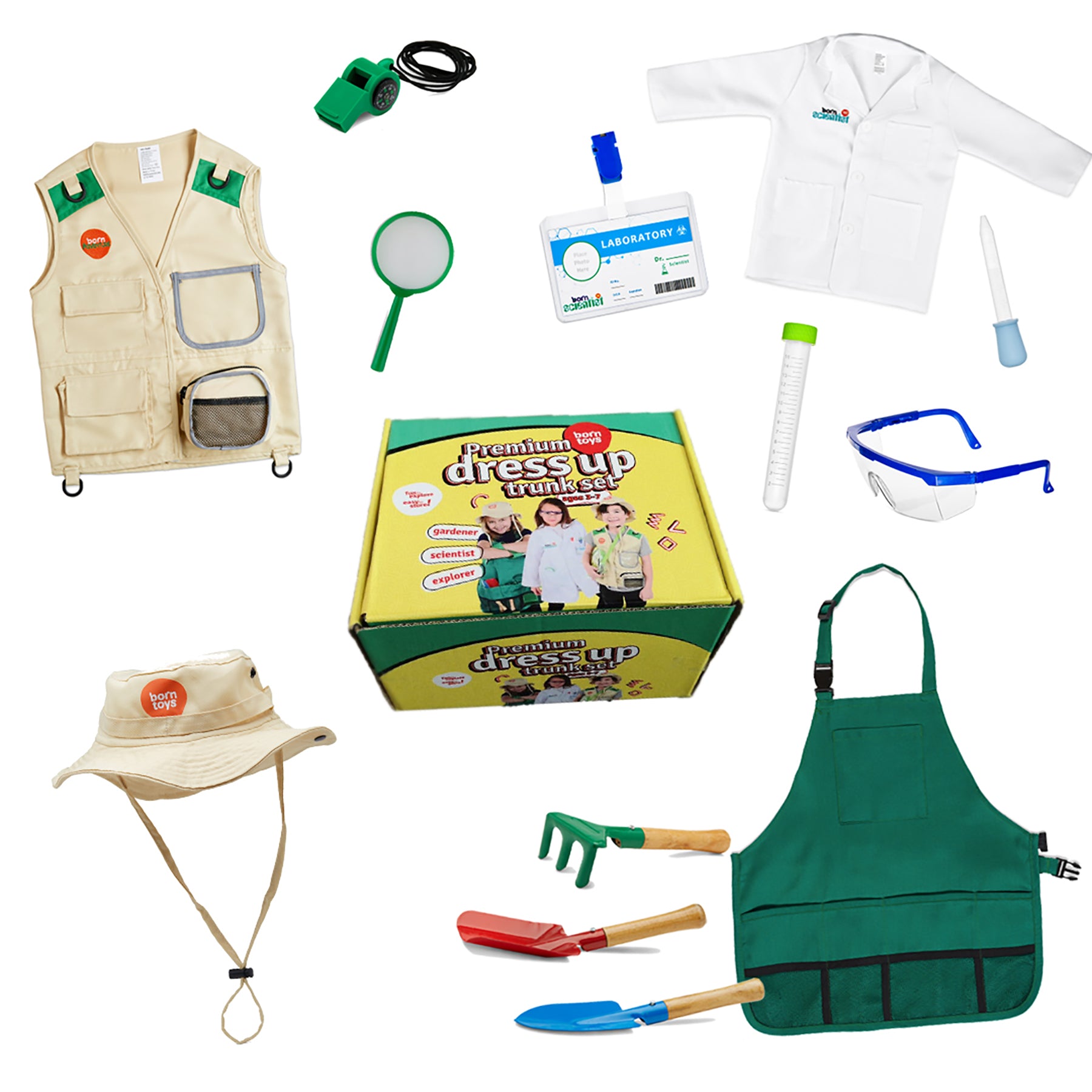 Bintiva 3-in-1 Dress Up Trunk Set - Scientist, Explorer, Gardener Costume for Kids | Pretend Play, Role Play, Halloween & Birthday Party Dress Up