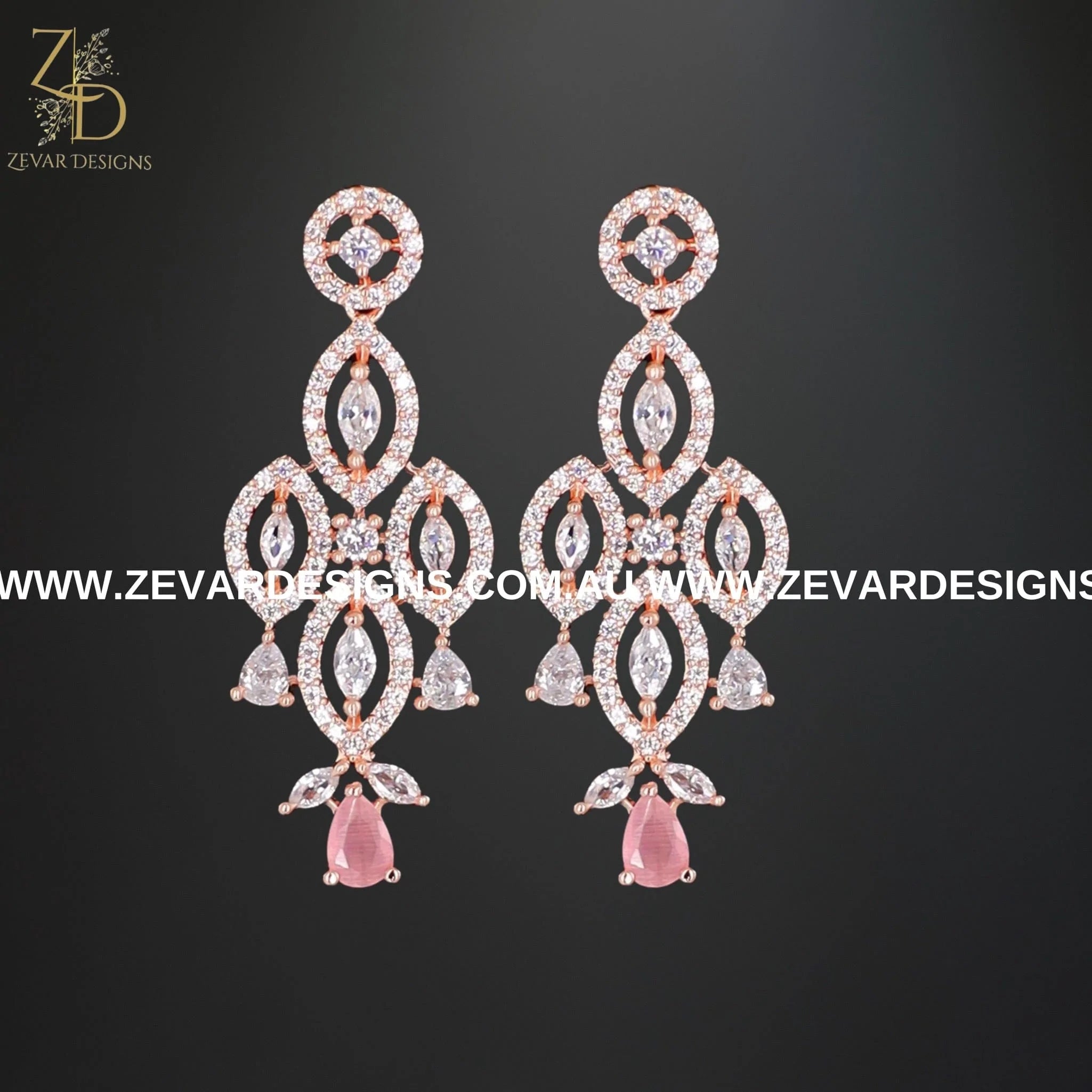AD/Zircon Long Necklace Set in Pink & Rose Gold - Elegant Layered Necklace for Women, Perfect for Weddings, Parties & Date Nights