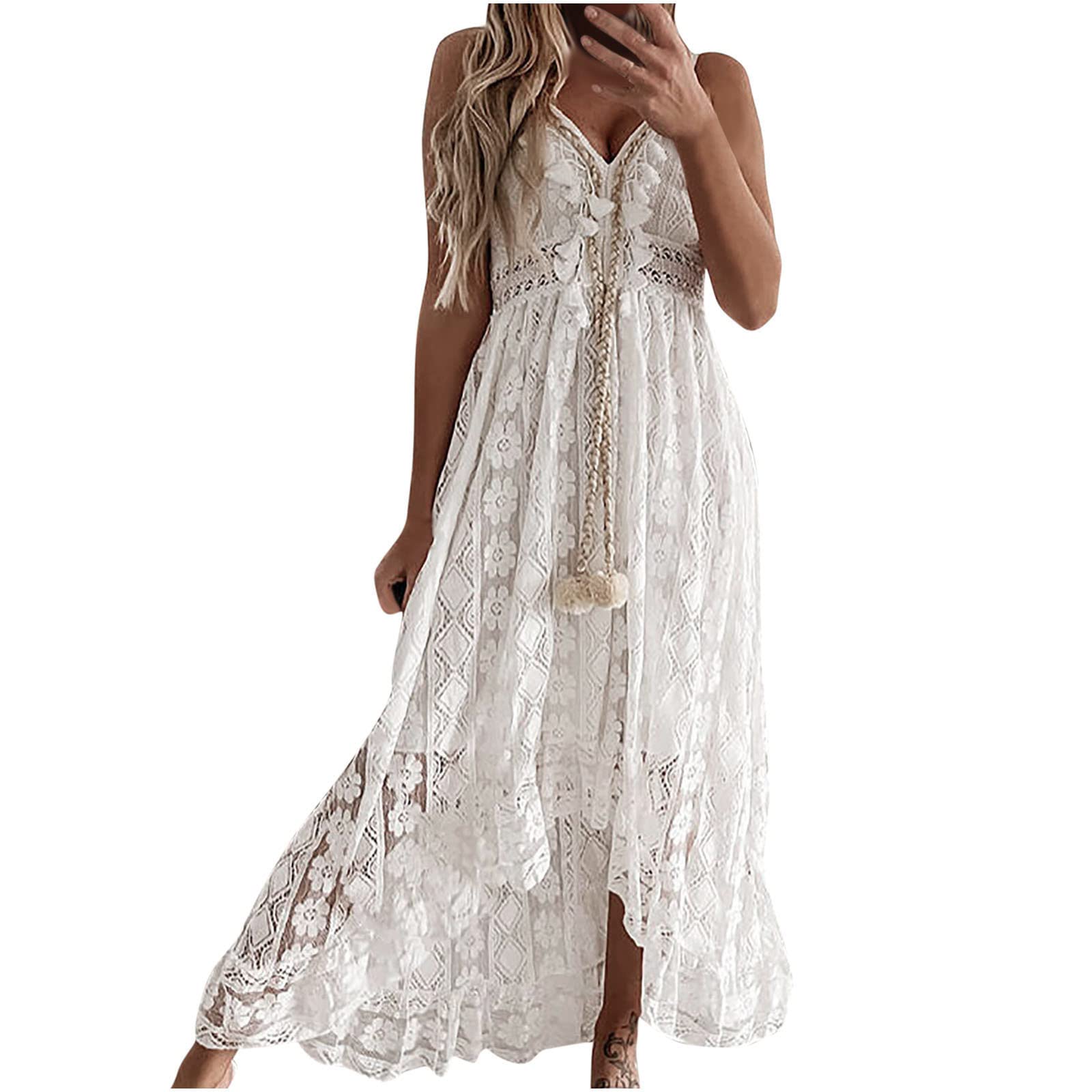 Elegant White Lace Asymmetrical Women's Dress - Summer V-Neck Sleeveless Tassel Strap Patchwork Wedding Guest Dress | Perfect for Beach Weddings, Garden Parties & Cocktail Events