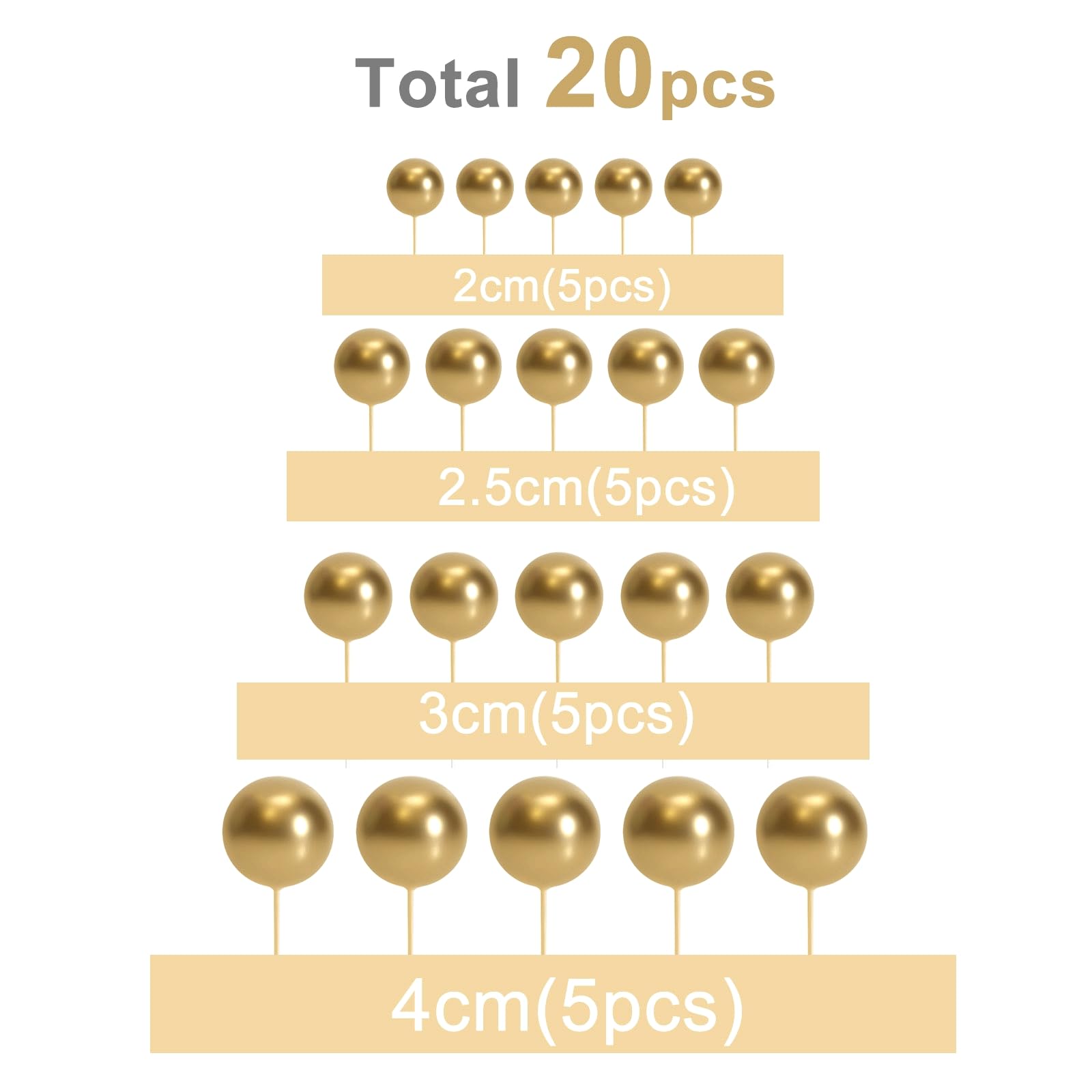 20 Pcs Gold Ball Cake Toppers - Mini Balloon Cake Decorations with Sticks for Christmas, Wedding, Birthday Parties - Perfect for Cupcakes, Desserts & Celebration Cakes