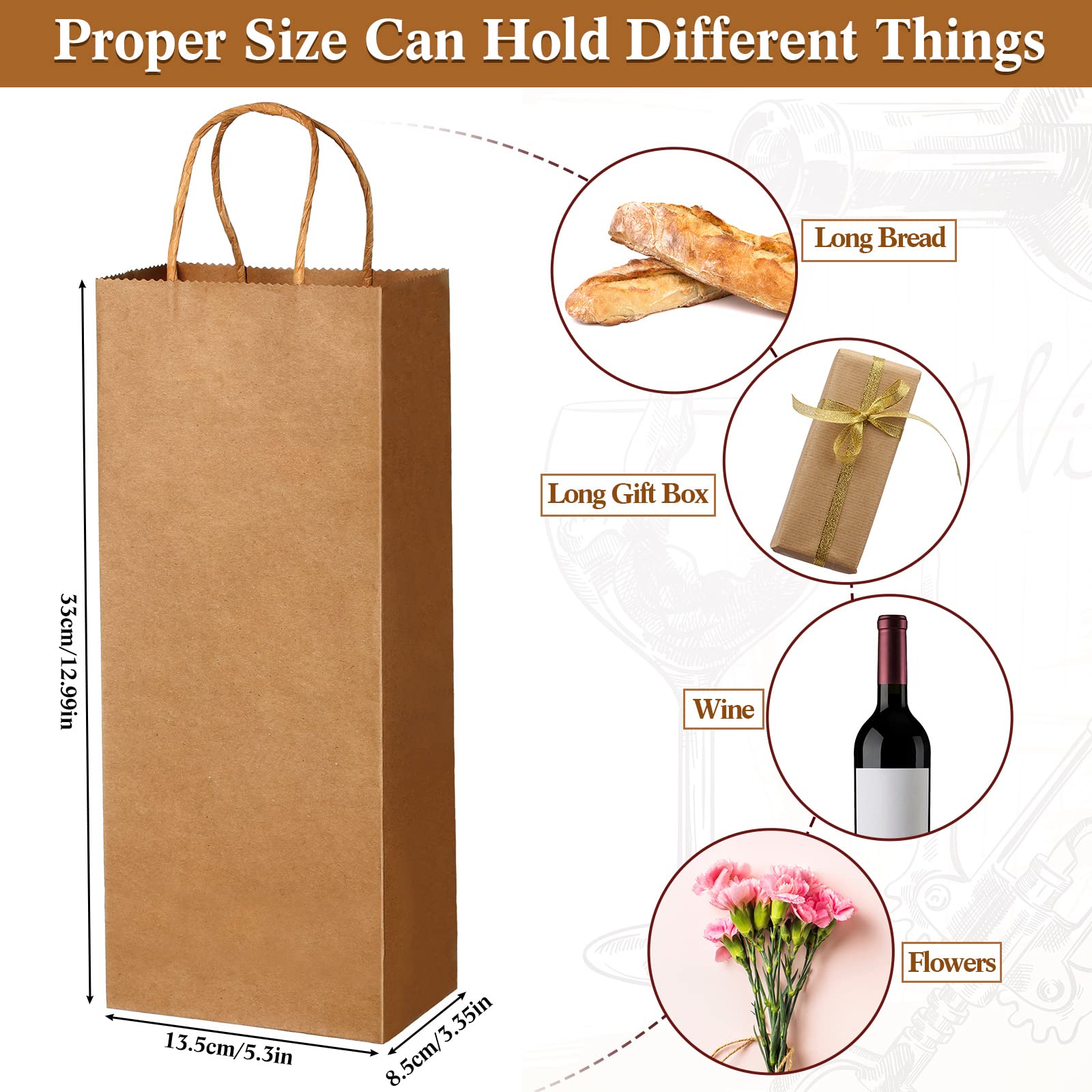 Eco-Friendly Kraft Brown Wine Gift Bags with Handles - 13 x 5.3 x 3.3 Inch Bulk 100-Pack - Perfect for Wine Bottle Wrapping, Party Favors & Small Business Gift Packaging