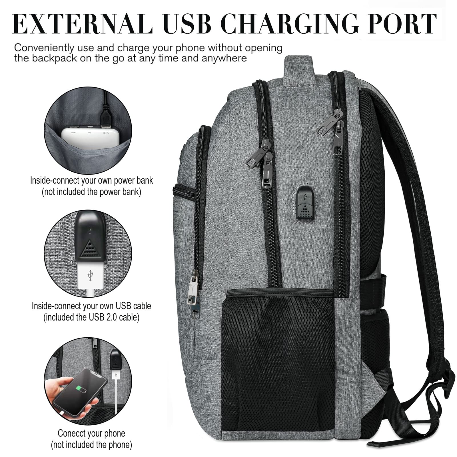 Anti-Theft Travel Laptop Backpack for Women & Men - Slim Durable USB Charging School College Business Backpack Fits 17 Inch Laptop (Grey) - Perfect for Commuting, Work, Study & Airplane Travel