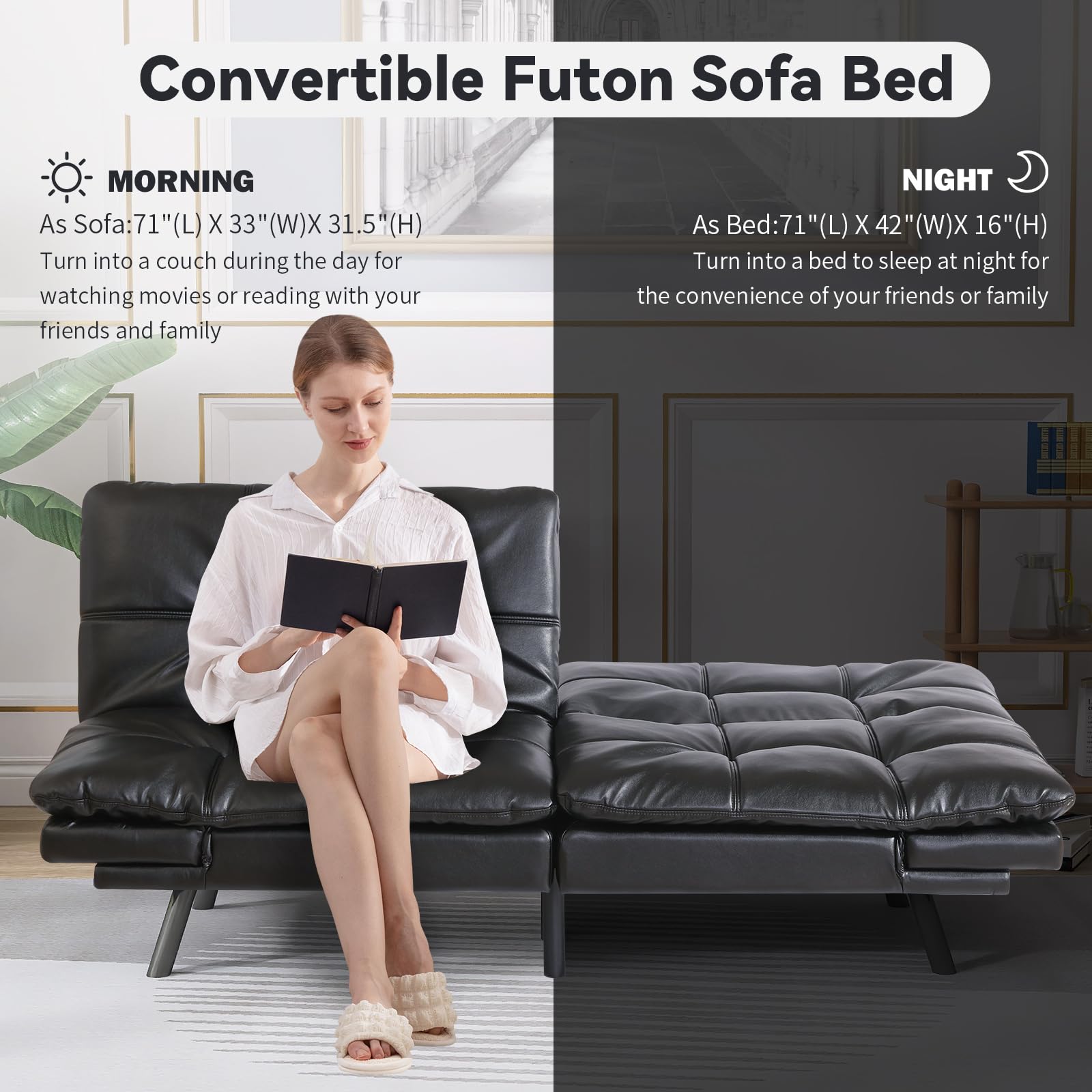 Hcore Convertible Futon Sofa Bed with Memory Foam - Modern Faux Leather Loveseat Sleeper for Living Room, Office & Apartment - Dark Black (SF-267) | Perfect for Small Spaces, Guest Rooms & Studio Apartments
