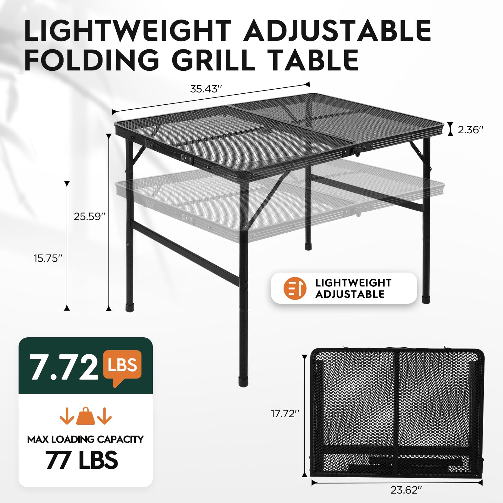 3x2 FT Folding Grill Table - Portable Adjustable Height Camping Table with Desktop & Storage Bag - Lightweight Outdoor Picnic BBQ Table for Backyard, Tailgating & Beach Parties