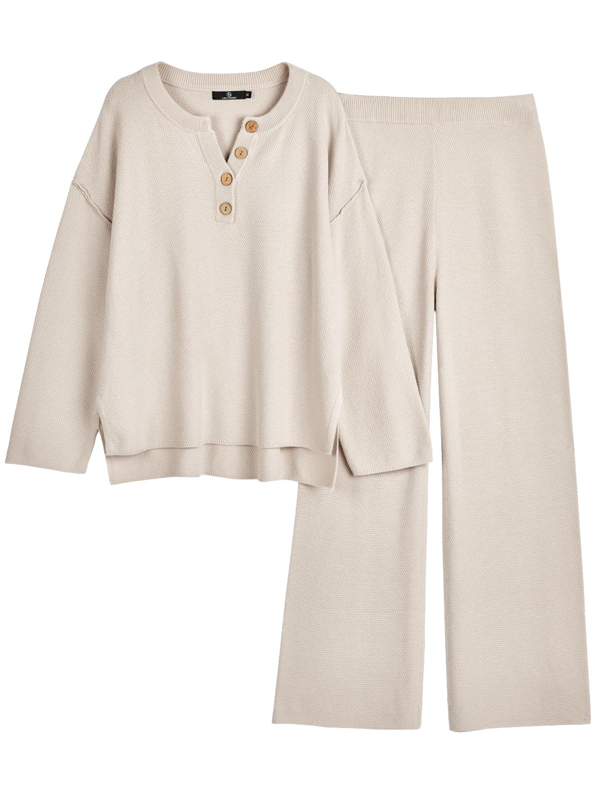 LILLUSORY Women's 2 Piece Lounge Set - Oversized Slouchy Matching Cozy Knit Pajama Set for Women | Soft Comfy Sleepwear & Loungewear for Relaxing at Home, Yoga, and Casual Outings