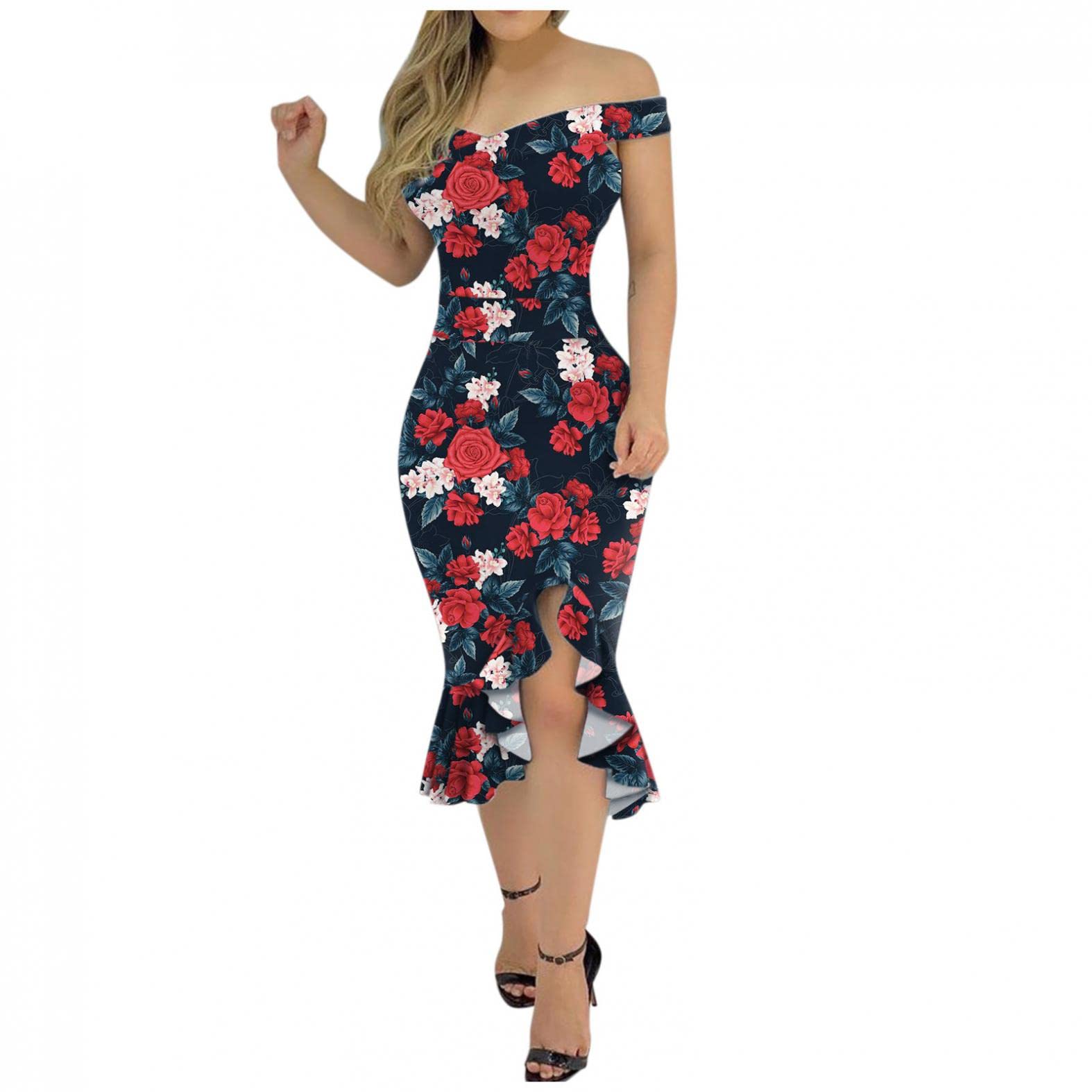 Shakumy Women's Off Shoulder Cocktail Dress - Short Sleeve Bodycon Party Dress with Elegant Ruffle Hem & Slit | Perfect for Evening Parties, Date Nights & Special Occasions