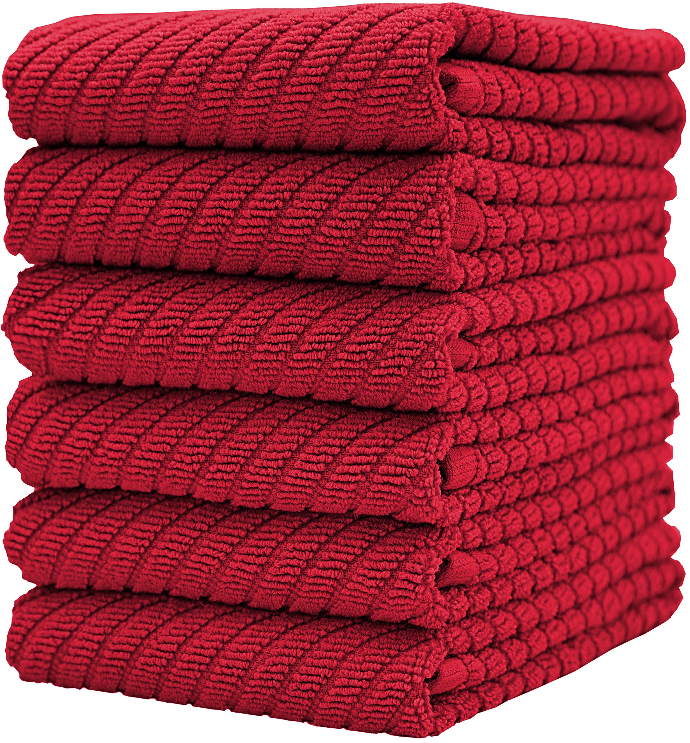 Premium Cotton Kitchen Towels Set of 6 (16”x 25”) - Ultra Absorbent 445 GSM Dish Towels with Diagonal Weave Design & Hanging Loop - Perfect for Cooking, Cleaning, Drying Dishes - Red
