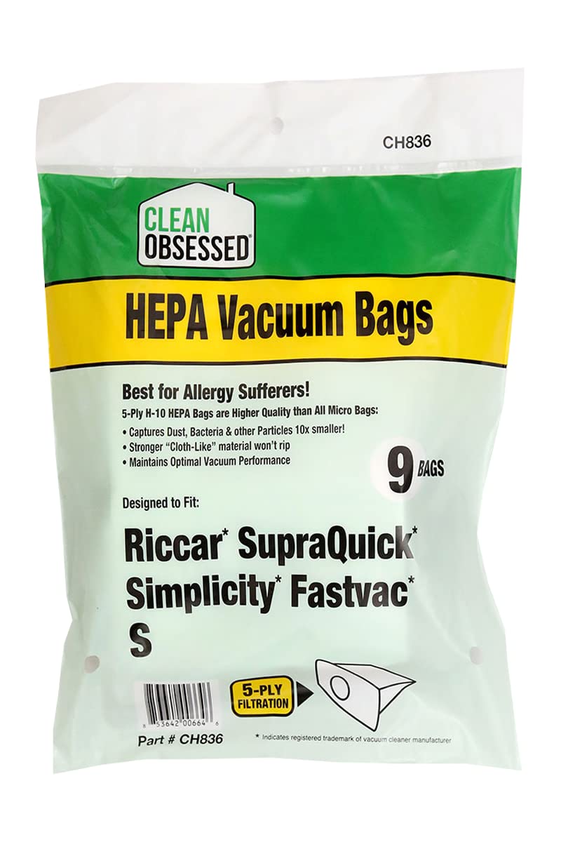 Clean Obsessed H-10 HEPA Vacuum Bags - 9 Pack Replacement for Riccar Supraquik & Simplicity Fastvac Type S - High Efficiency Dust & Allergen Filtration for Pet Hair, Pollen & Household Cleaning
