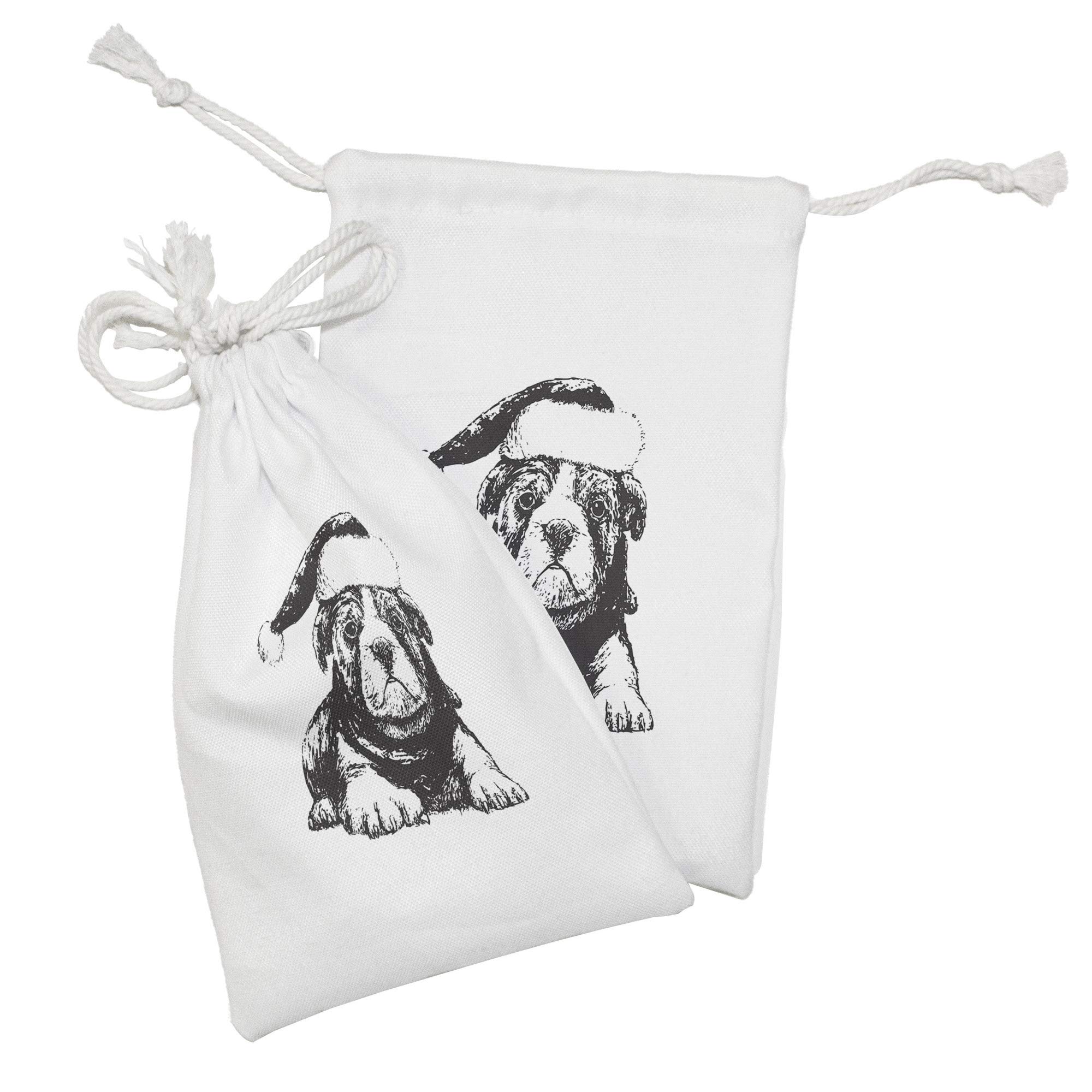 Ambesonne Bulldog Fabric Pouch Set of 2 - Monochrome Dog in Christmas Hat Drawstring Bags (9