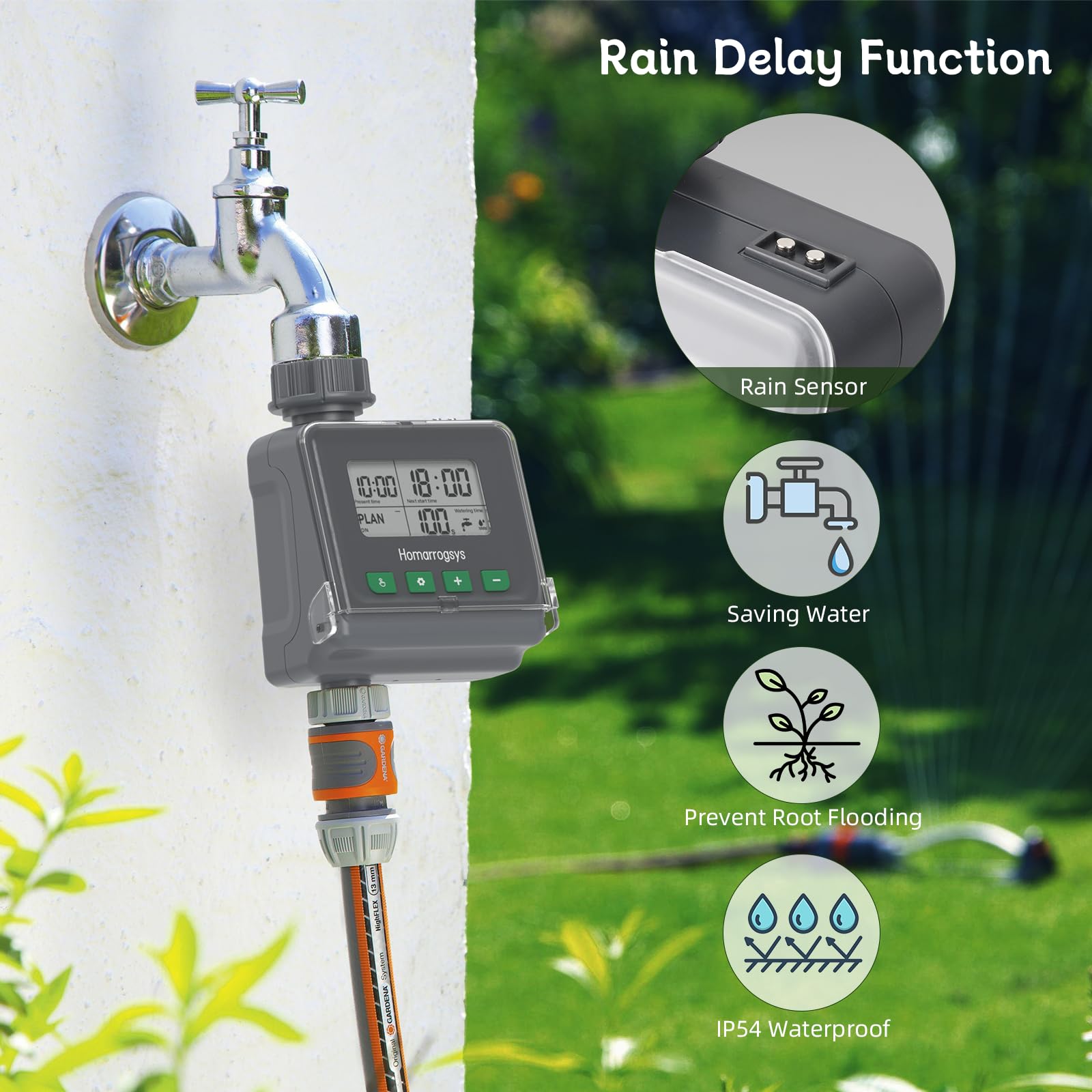 Smart Sprinkler Timer for Garden Hose - Programmable Water Timer with Rain Delay, 3 Watering Modes & Digital Display | Outdoor Irrigation Controller for Lawn, Yard, Garden | Perfect for Automatic Watering Systems (1 Outlet) | Save Water & Keep Plants Healthy