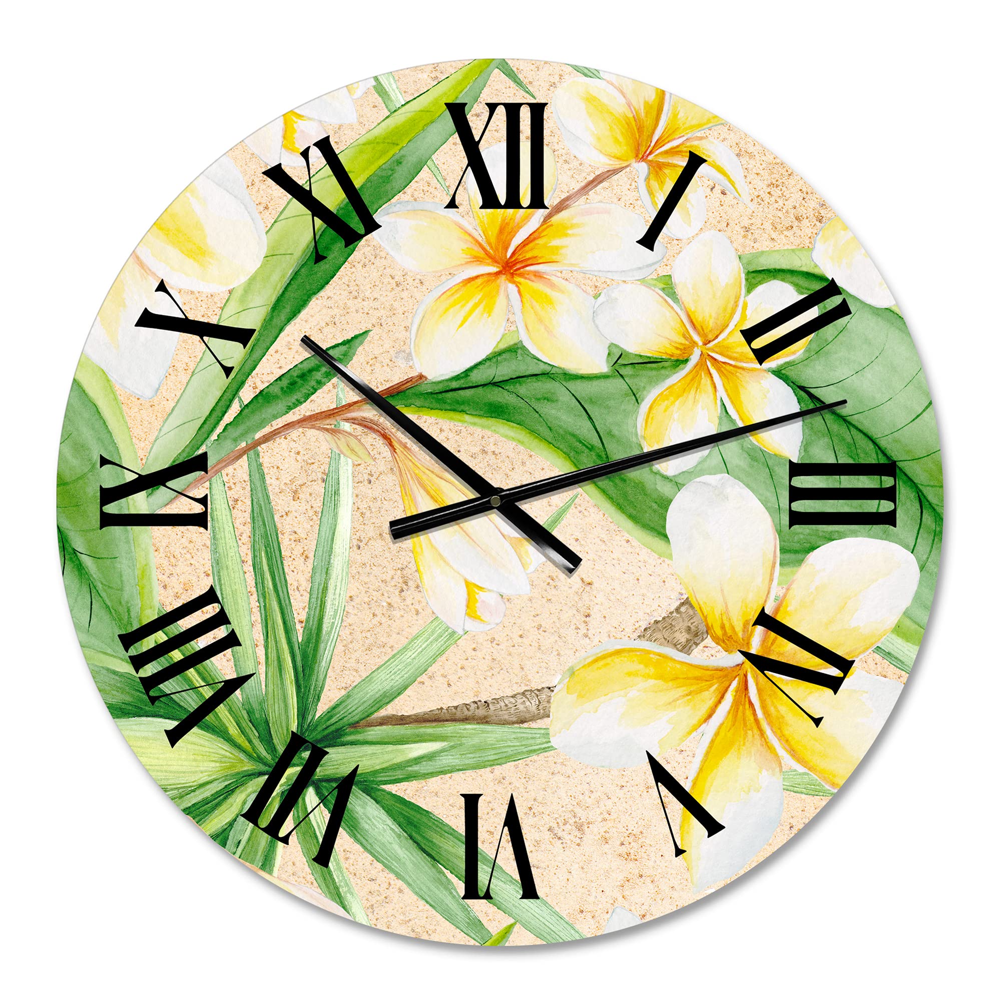 DesignQ Traditional Wall Clock - Tropical Foliage & Yellow Flowers XI - Large Floral Botanical Wall Clock for Bedroom, Living Room, Office Decor - Perfect for Home, Office & Gift Giving