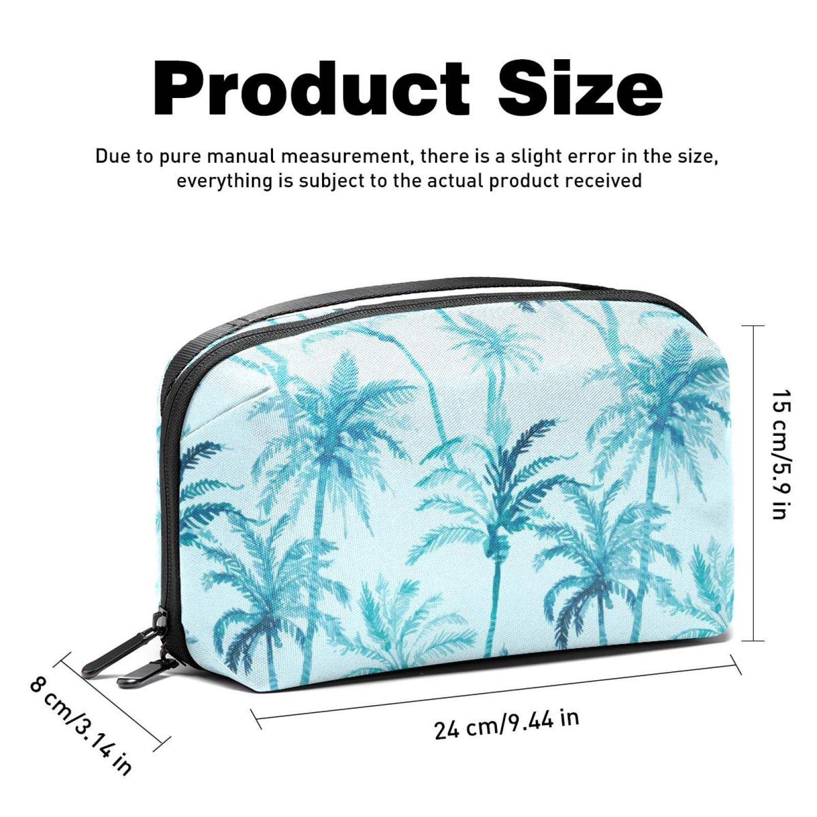 Large Waterproof Makeup Bag with Zipper - Travel Cosmetic Organizer for Women & Girls, Blue Coconut Tree Tropical Design - Perfect for Summer Travel, Beach Trips & Daily Beauty Storage