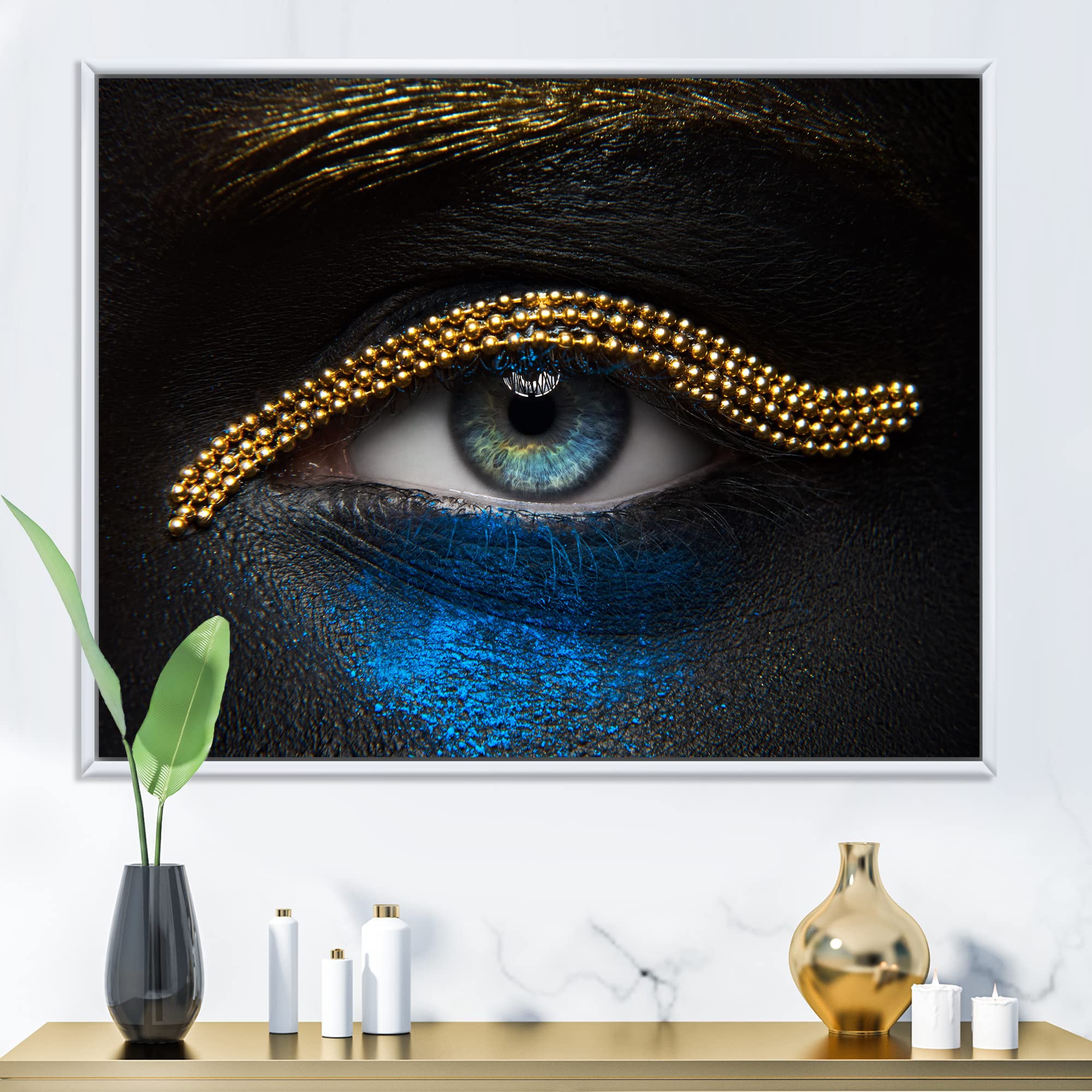 DesignQ Modern Framed Canvas Wall Art - Gold Chain & Blue Pigment Woman Eyes Painting - Perfect for Living Room, Bedroom & Office Decor
