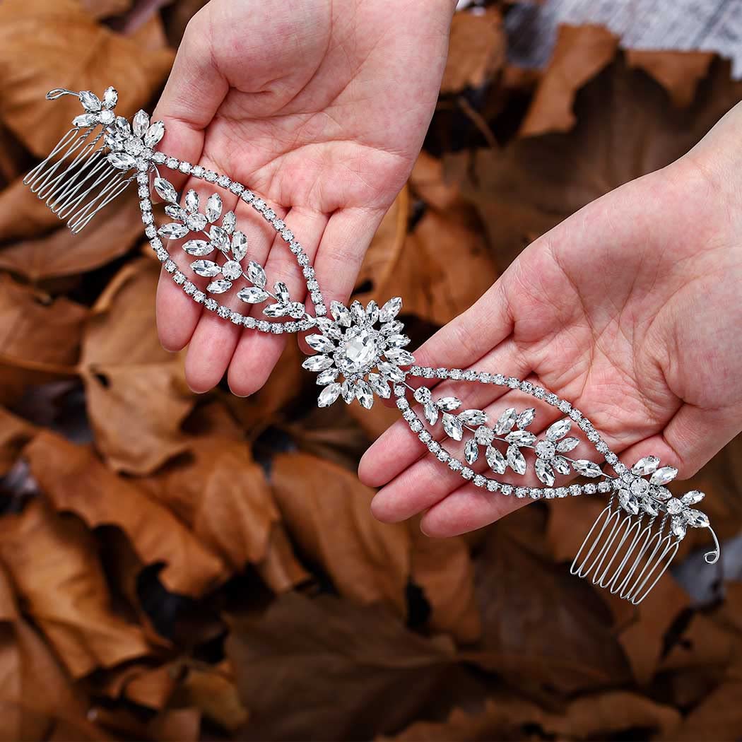 Blue Leaf Bridal Hair Comb with Rhinestones - Wedding Hair Accessories for Women & Girls (Formal Occasions)