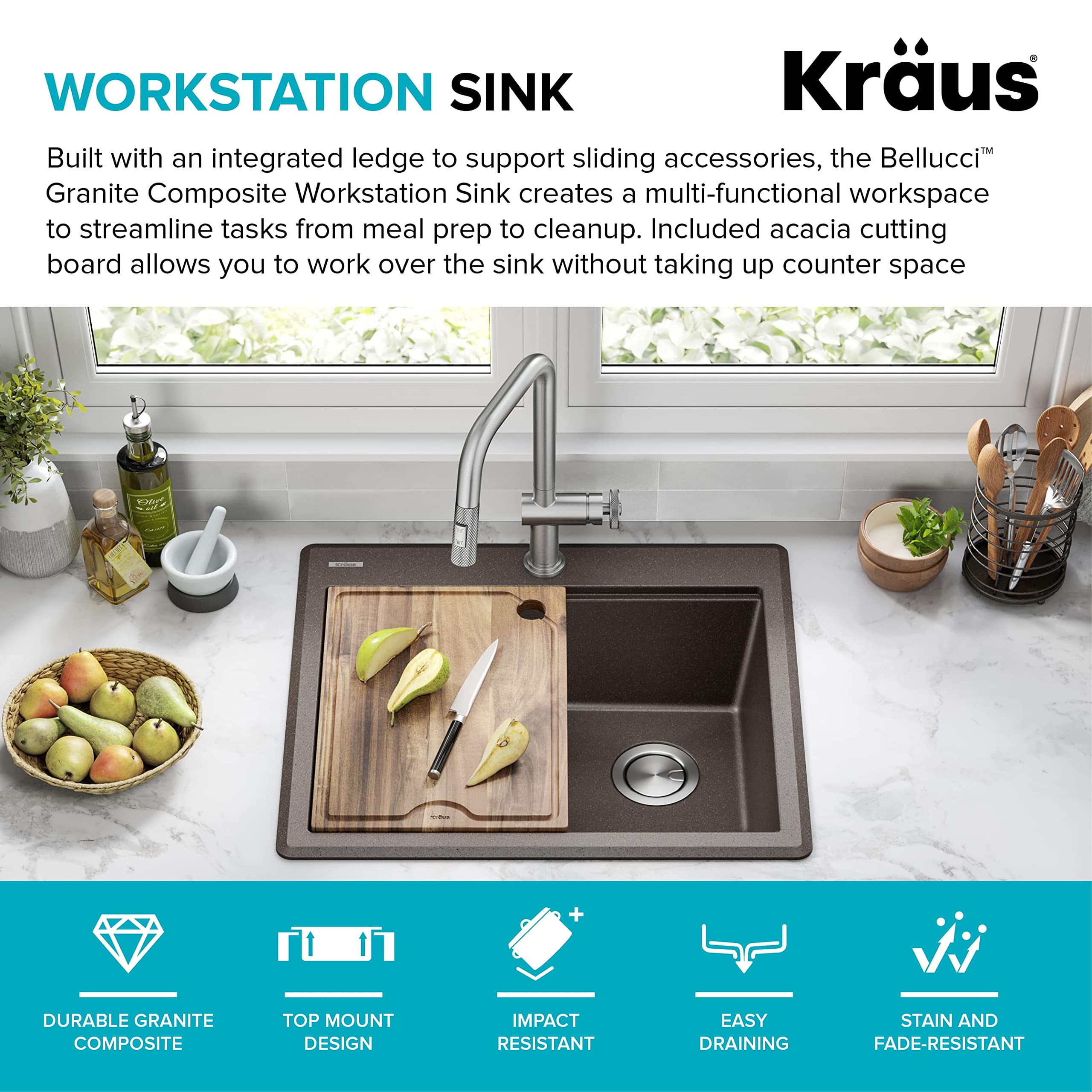 KRAUS Bellucci 25-inch Granite Composite Drop-In Kitchen Sink with Accessories - Metallic Brown Single Bowl Workstation (KGTW12-25MBR) | Perfect for Modern Kitchens, Food Prep & Dishwashing