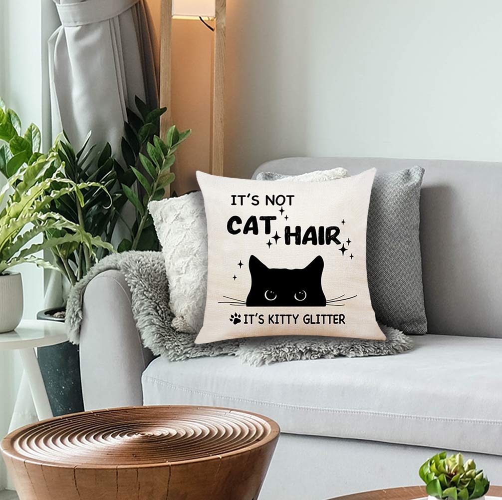 Funny Cat Mom Gifts - 'It's Not Cat Hair It's Kitty Glitter' Cotton Linen Throw Pillow Cover 18x18 - Unique Gifts for Cat Lovers & Women - Perfect for Home Decor, Living Room, Bedroom & Cat Themed Parties