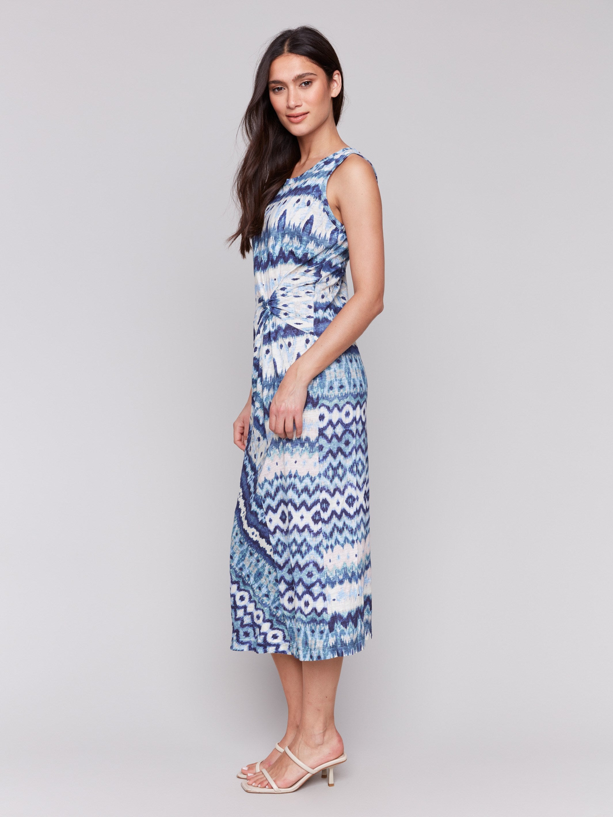 Sleeveless Cotton Summer Dress with Faux Knot Detail - Women's Casual Flowy Beach Dress for Vacation, Lake Tahoe Trip, and Outdoor Activities