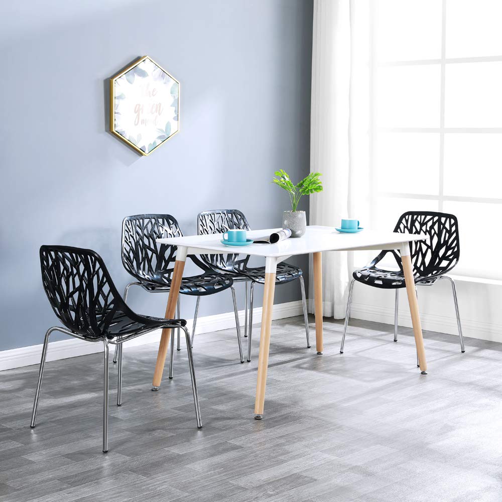 Bonnlo Modern Stackable Dining Chairs Set of 4 - Black Plastic Birch Sapling Chairs for Dining Room, Living Room, Office | Space-Saving Stackable Design Perfect for Small Spaces, Kitchens, and Multi-Purpose Rooms