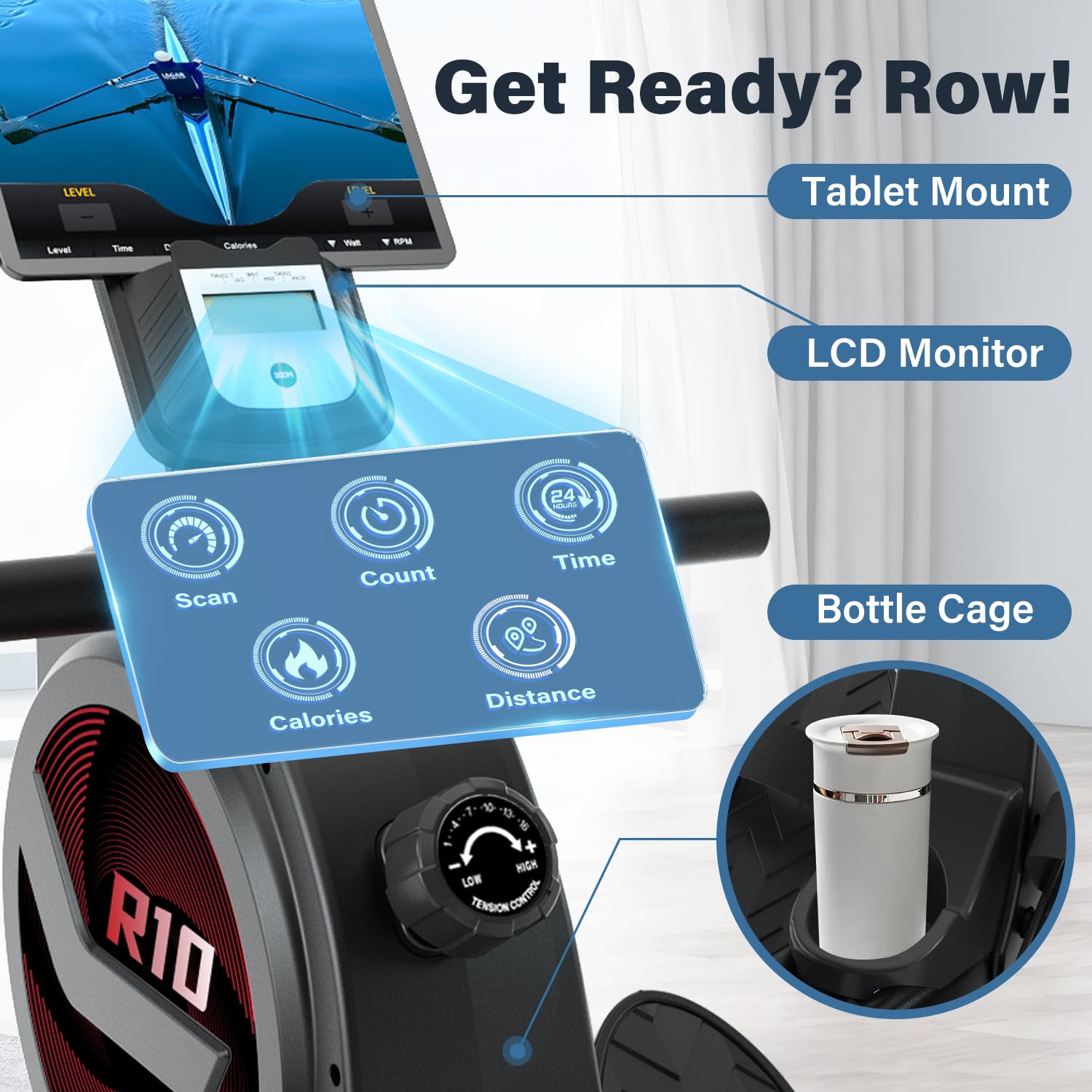 SNODE Rowing Machine for Home Use - 350lb Weight Capacity, LCD Monitor, Ergonomic Seat & Dual Rail System - Perfect for Home Gym, Cardio Workouts & Full Body Exercise