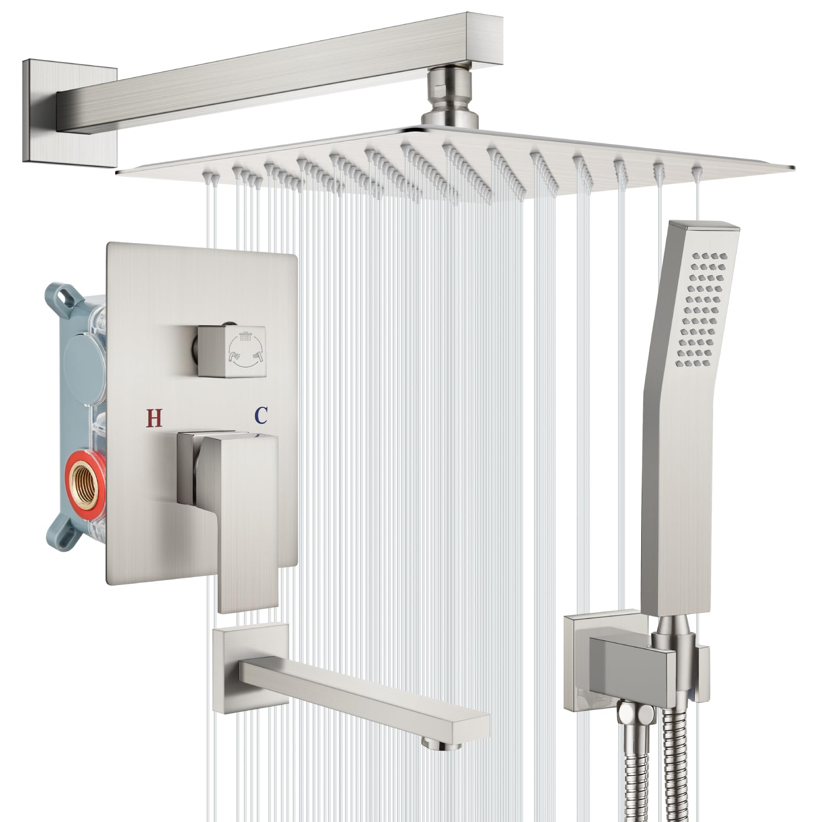 Gotonovo 3-Function Wall Mount Shower System Set with Rainfall Shower Head, Handheld Spray & Tub Spout - 12 Inch Brushed Nickel Shower Trim Kit for Bathroom Renovation & Luxury Spa Experience