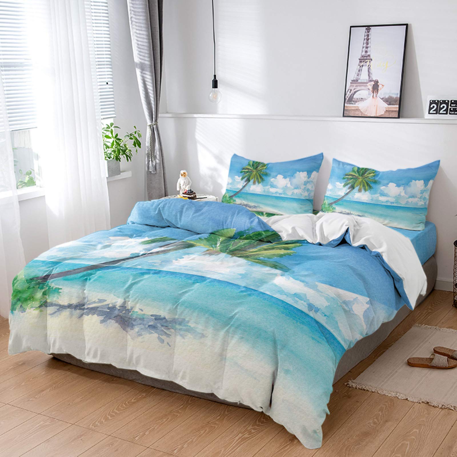 4 Piece Twin Duvet Cover Set - Tropical Beach Palm Tree Design, Ultra Soft Washed Microfiber Comforter Cover with Pillowcases, Zipper Closure - Perfect for Summer Bedding, Coastal Decor & Beach House Styling