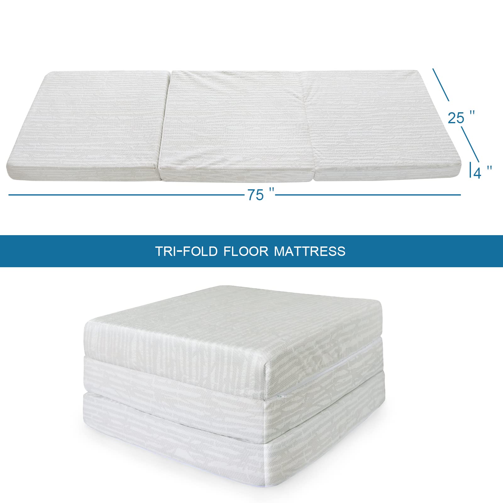 4-Inch Foldable Trifold Mattress for Futon - Bamboo Viscose Cooling Topper Cover, Removable & Machine Washable - Portable Floor Sofa Bed for Camping, Guest Room & Dorm - Non-Slip Design