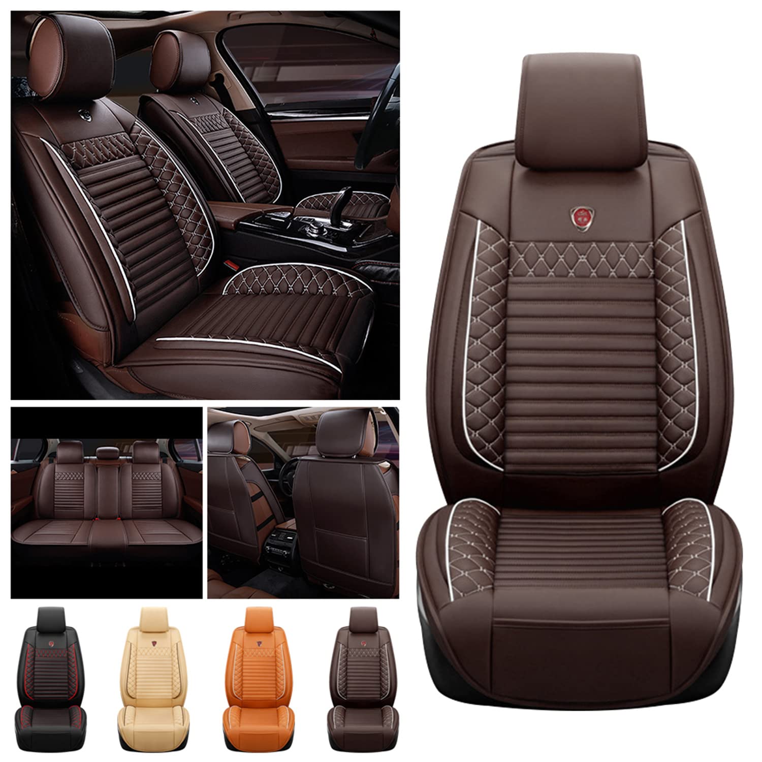 5-Piece Universal Car Seat Covers Set - Breathable Leather Front & Rear Seat Protectors - Waterproof Auto Vehicle Cushion Covers for Cars, SUVs & Trucks - Perfect for Daily Commute, Road Trips & Family Protection