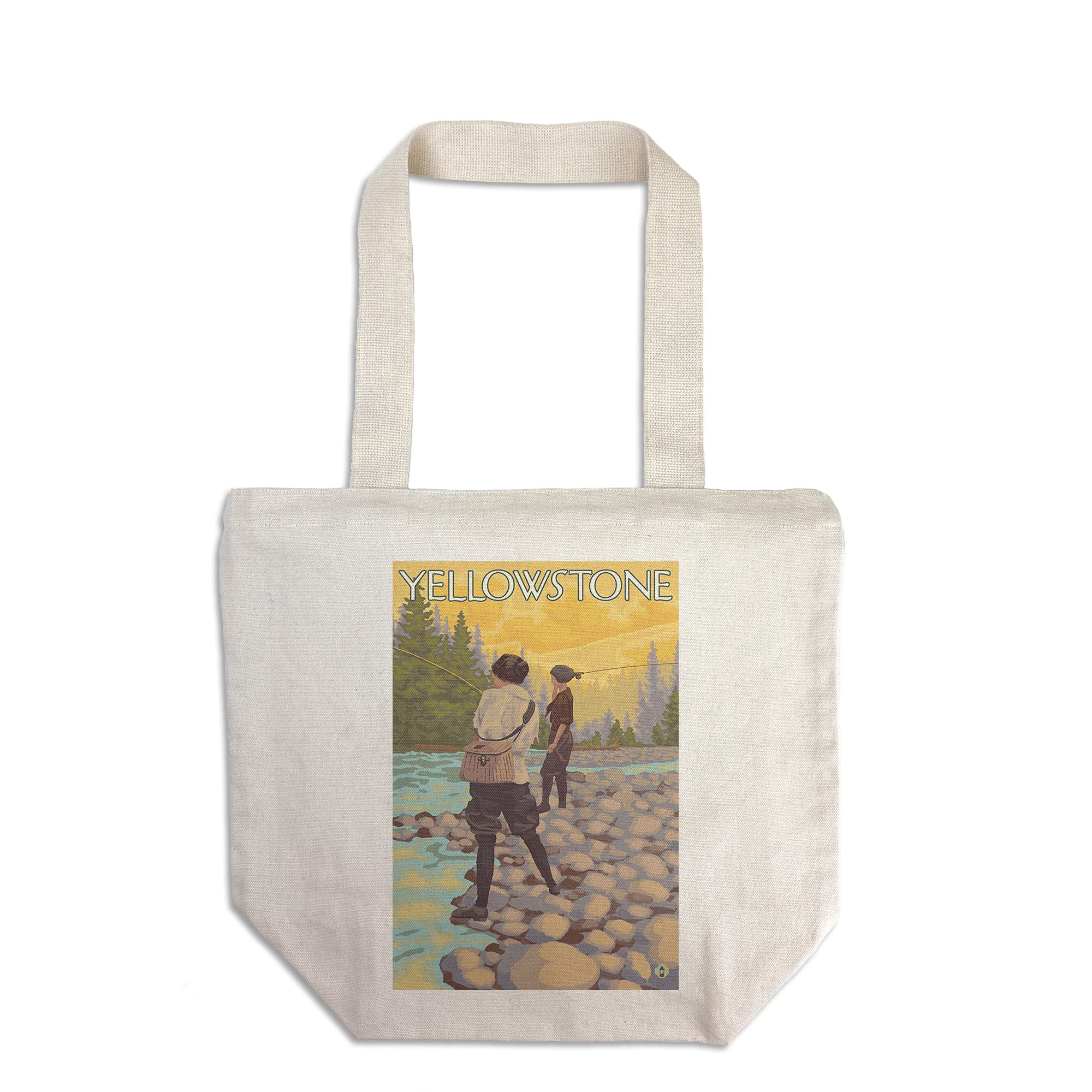 Lantern Press Yellowstone National Park Wyoming Women Fly Fishing Tote Bag - 100% Cotton Canvas Reusable Shopping Bag for Groceries, Beach & Outdoor Adventures